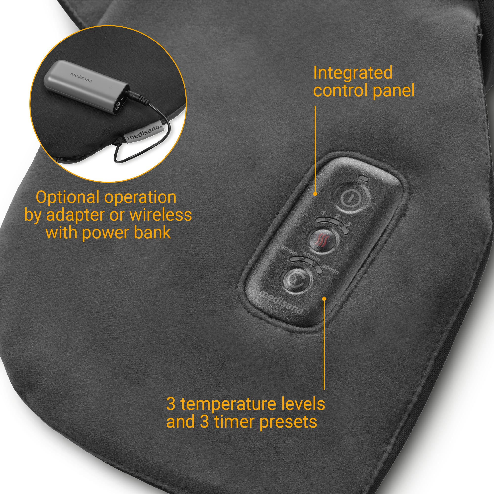 Almohadilla térmica negra con panel de control y banco de energía en superficie oscura.