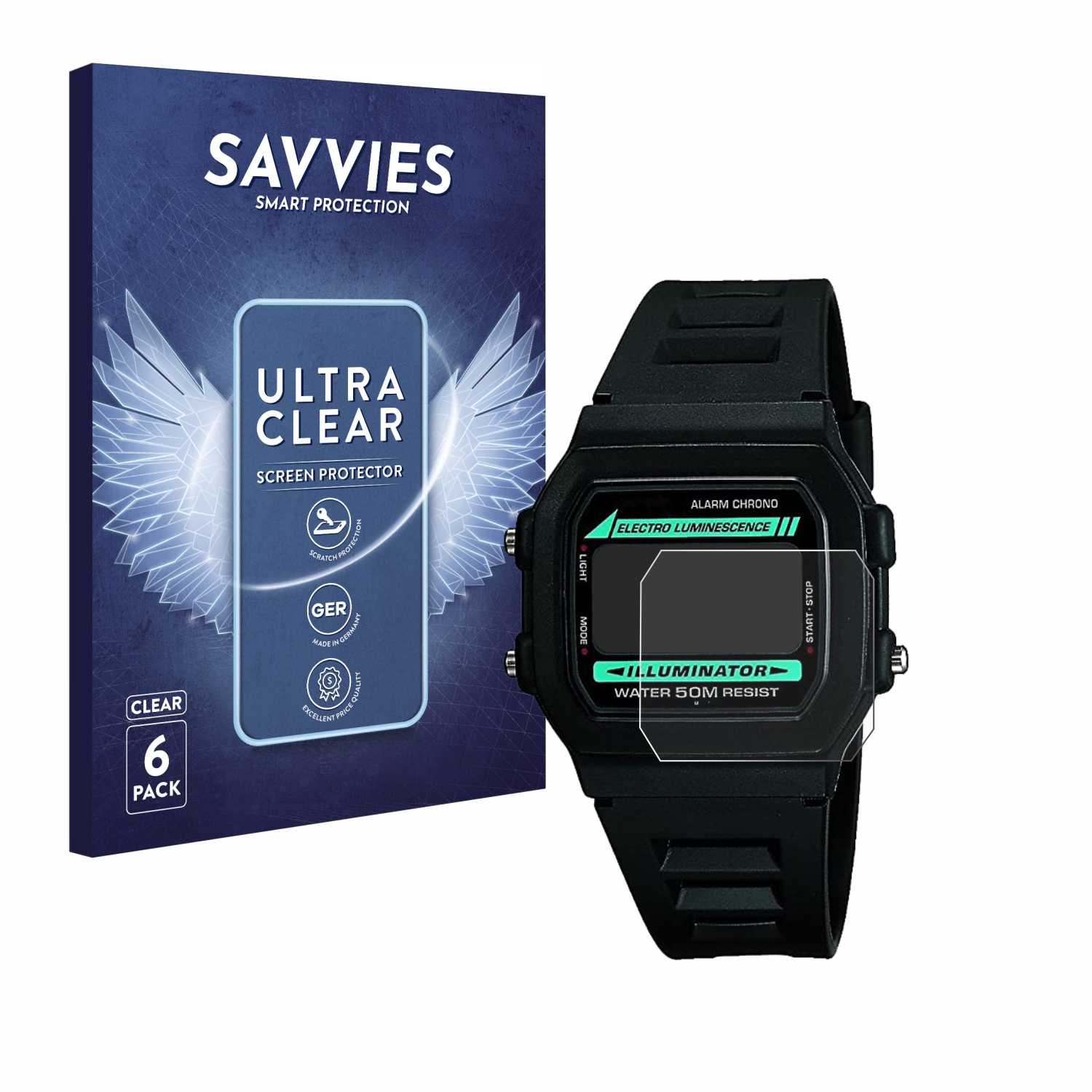 Eine schwarze Digitaluhr mit Displayschutzfolie und Displayschutzfolienbox.
