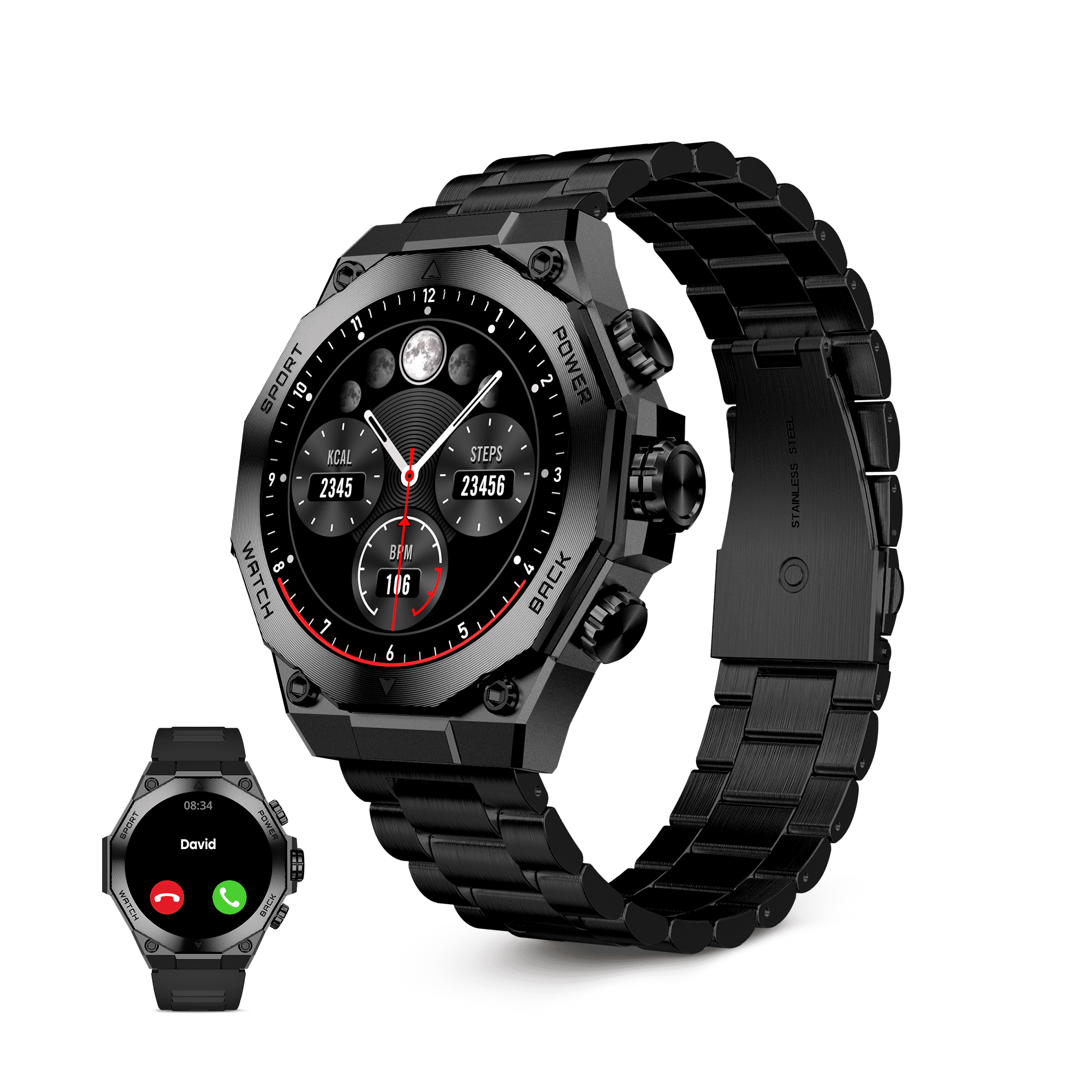 Un reloj inteligente negro con una correa de acero. Muestra una esfera con métricas de salud y un segundo reloj.