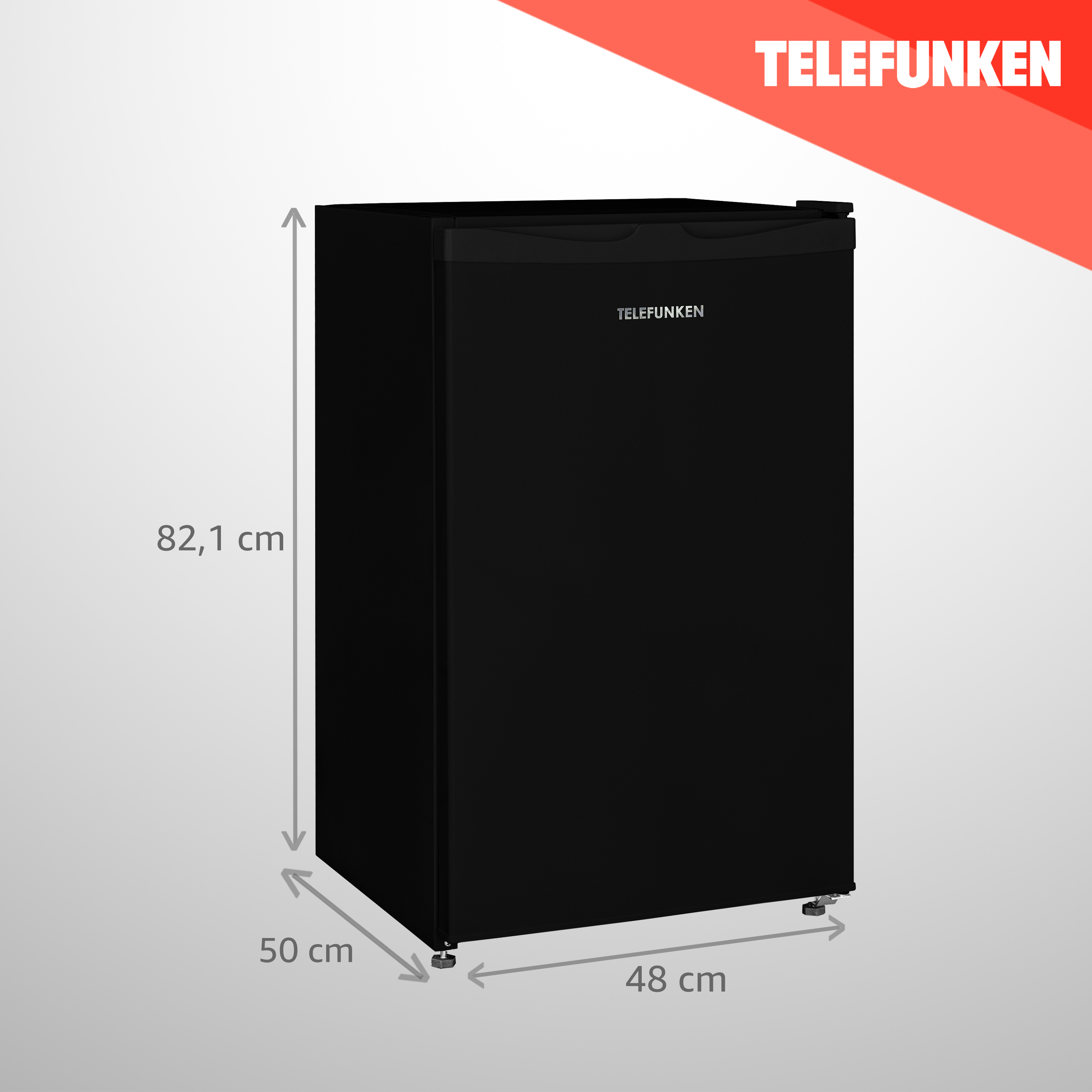 Schwarzer Telefunken-Kühlschrank mit den angegebenen Abmessungen: 82,1 cm hoch, 50 cm breit und 48 cm tief.