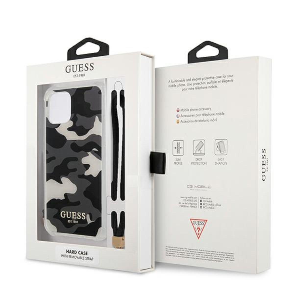 Weiße Telefonkastenbox mit Camouflage-Hülle und schwarzem Riemen. Text: GUESS. Die Hülle hat einen abnehmbaren Riemen.