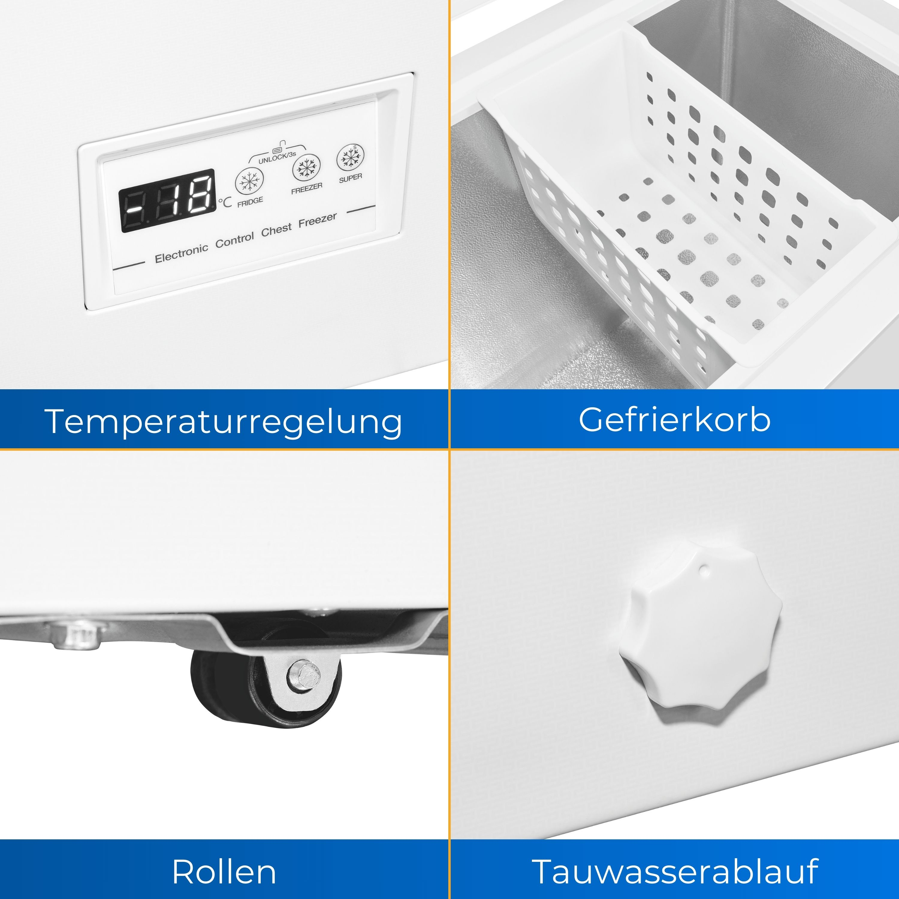 Nahaufnahme-Details eines weißen Gefrierschranks, einschließlich Temperaturregelung und Schublade.