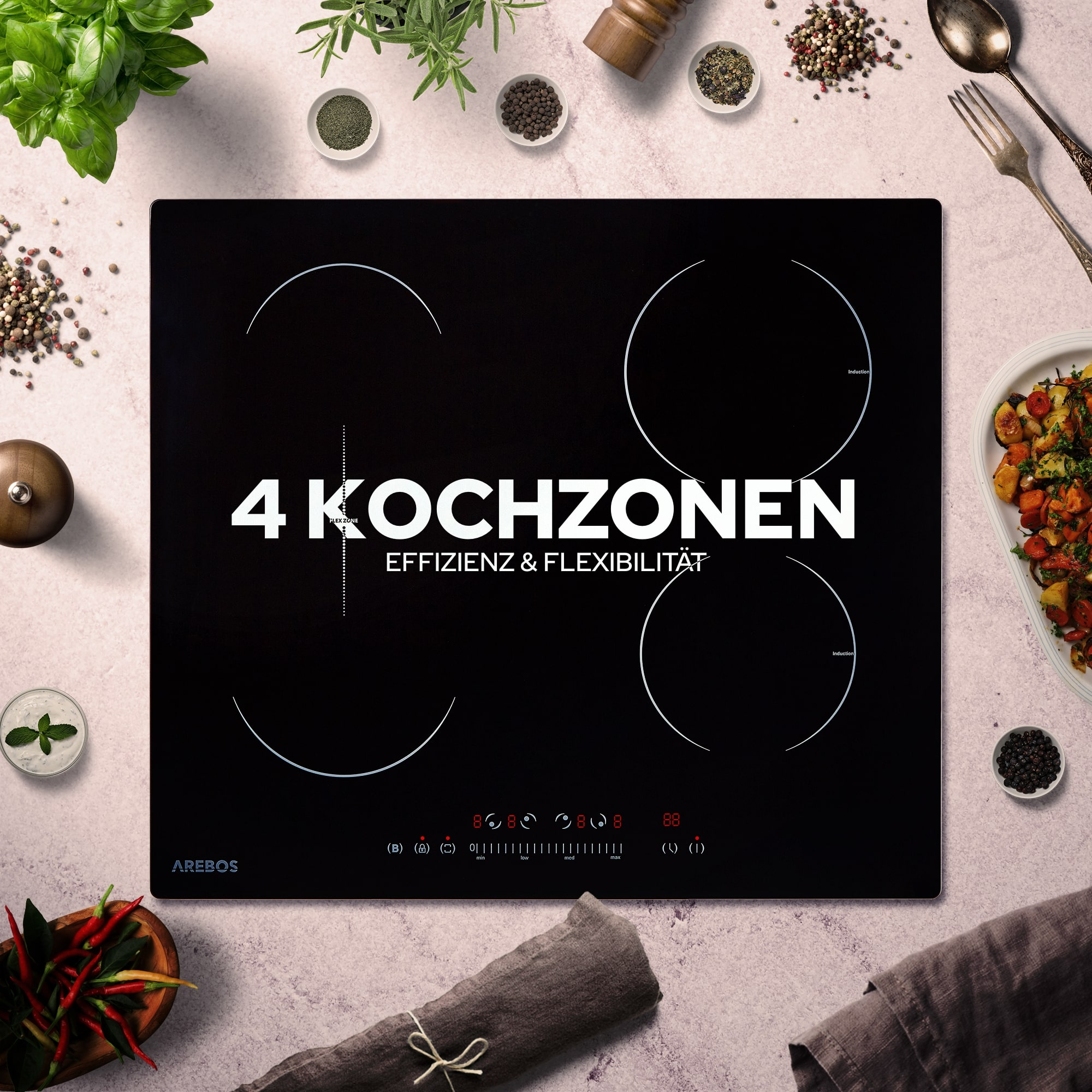 Ein schwarzes Induktionskochfeld mit 4 Kochzonen. Weiße Kreise markieren die Kochbereiche, und ein Text 'AREBOS'.