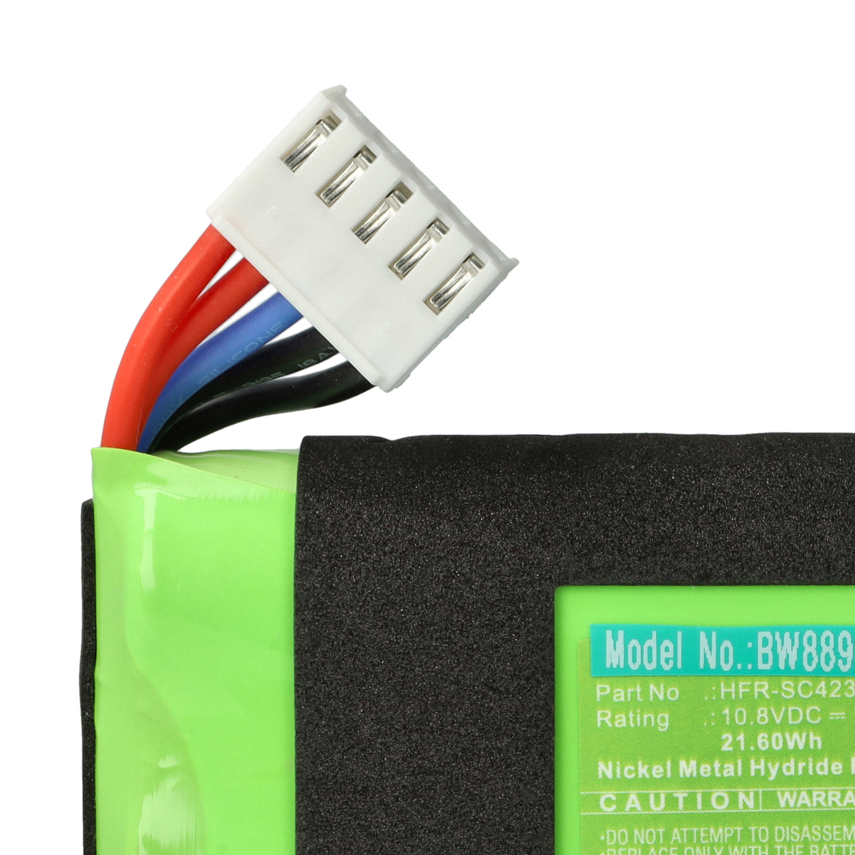 Grüne und schwarze Batterie mit weißem Stecker und farbigen Drähten.