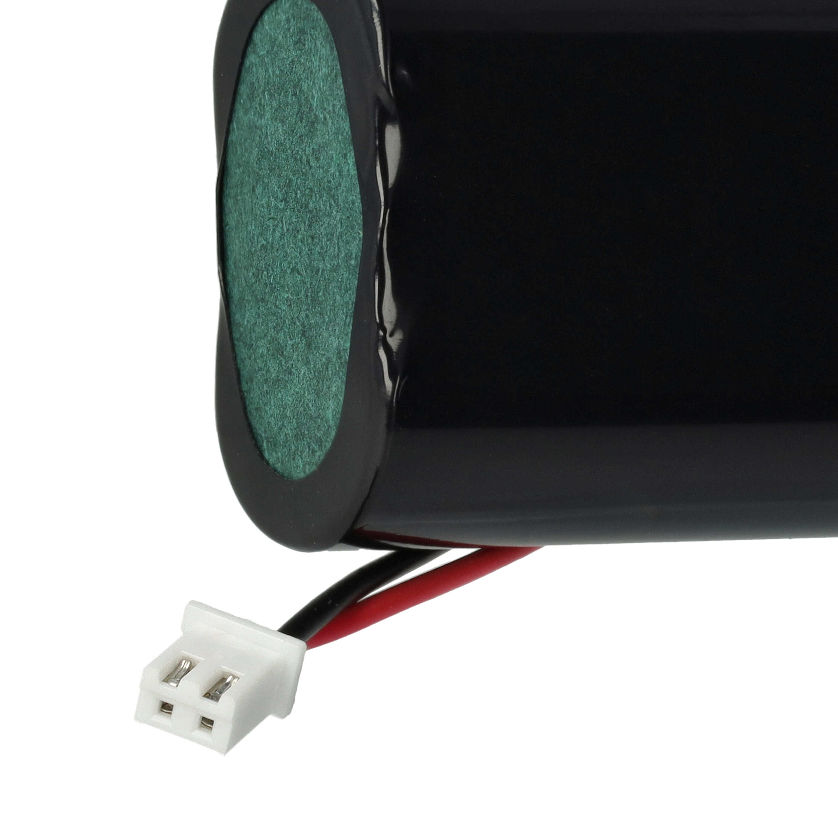Eine schwarze Batterie mit grünem Deckel und weißem Stecker.