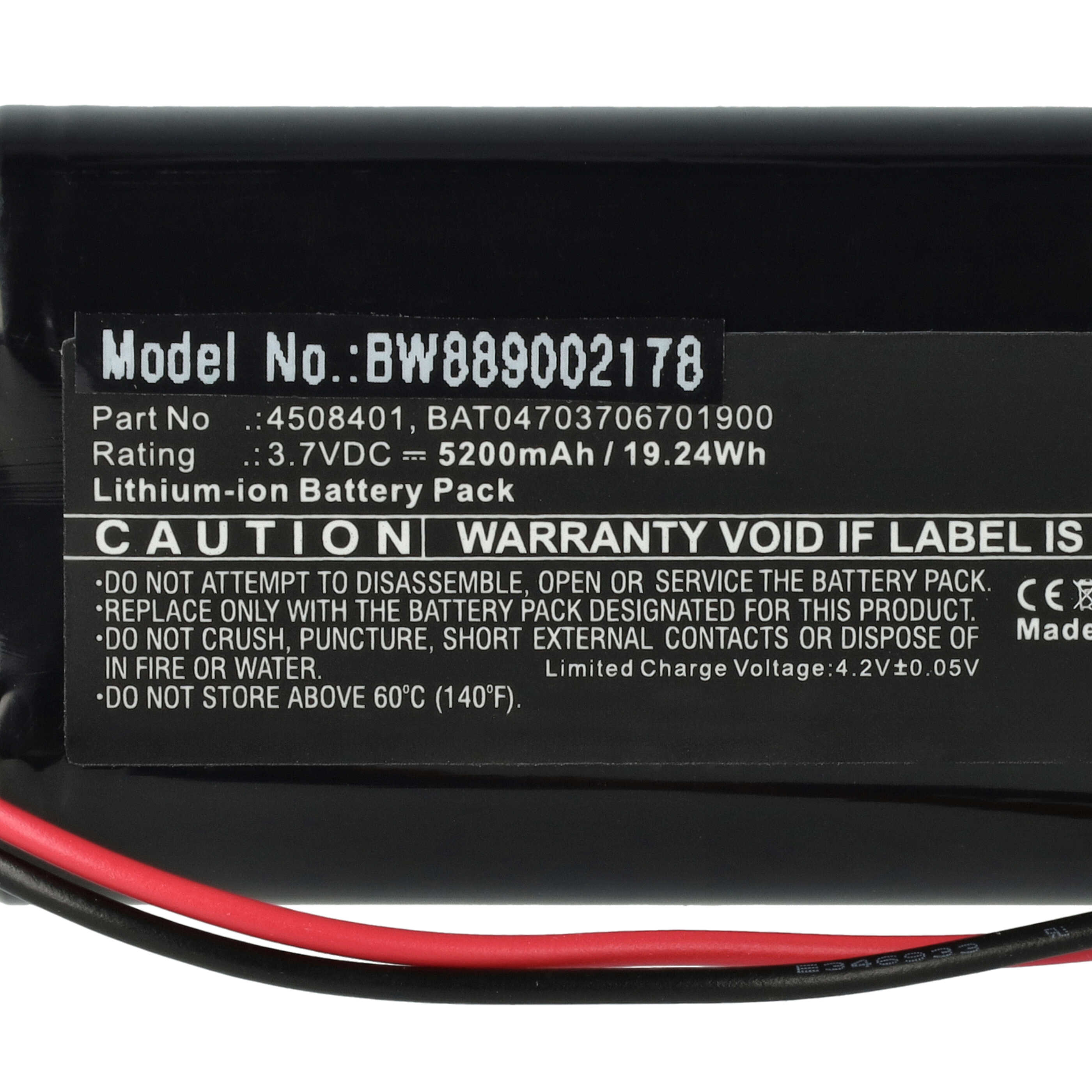 Nahaufnahme eines Batterieetiketts mit Warnhinweisen, einschließlich Modell und Spezifikationen.