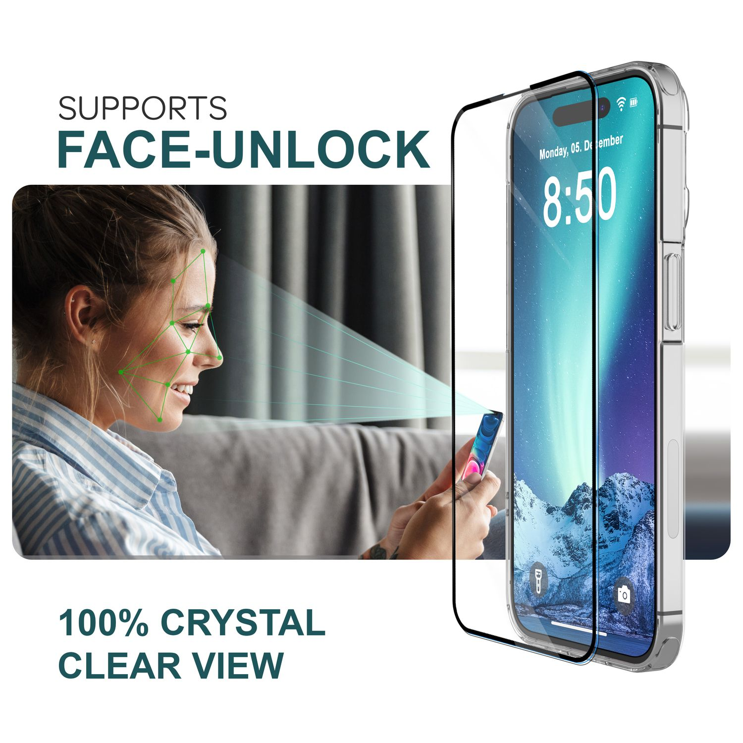 Ein Telefon mit Displayschutz, eine Frau, die Face Unlock verwendet, und unterstützender Text.