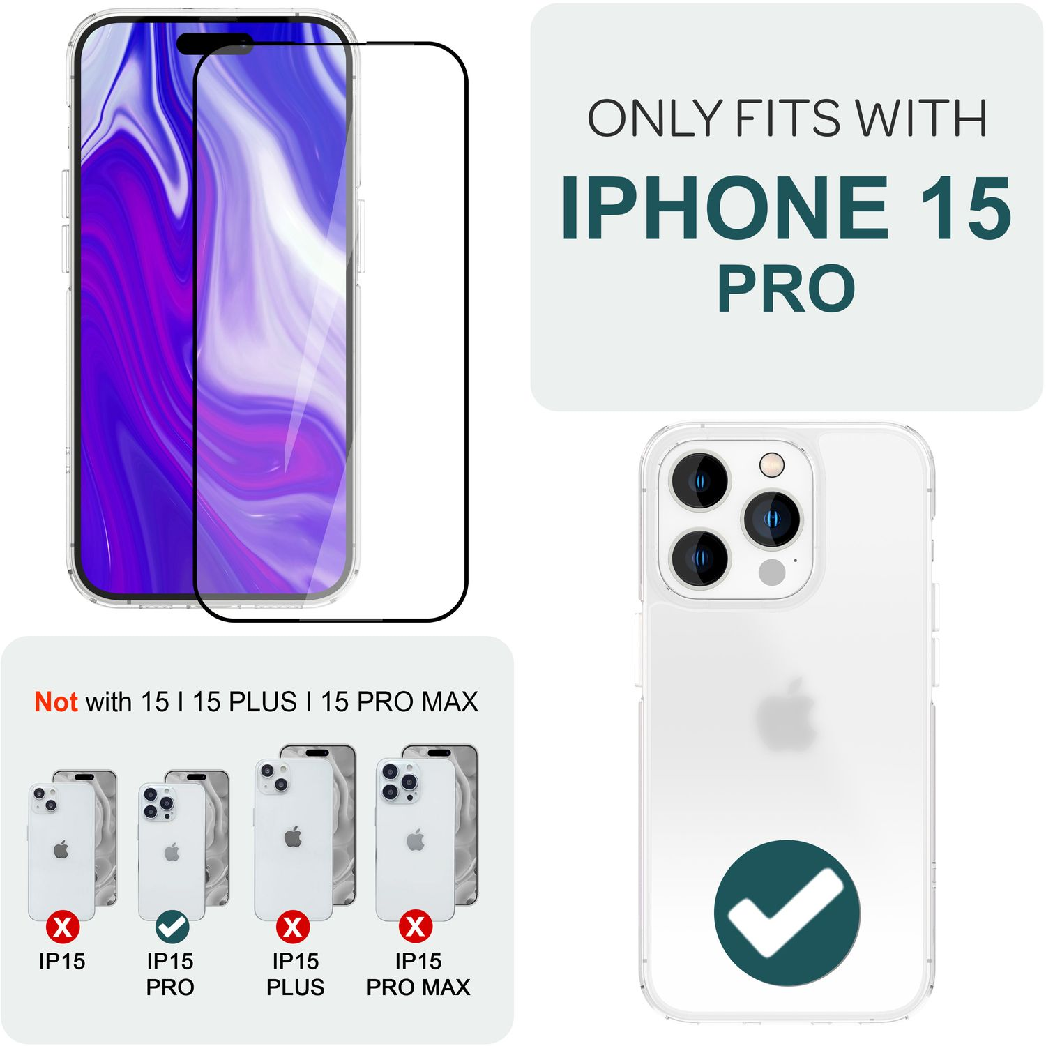 Coque et protecteur d'écran pour iPhone 15 Pro. L'image montre une coque transparente et un protecteur d'écran.