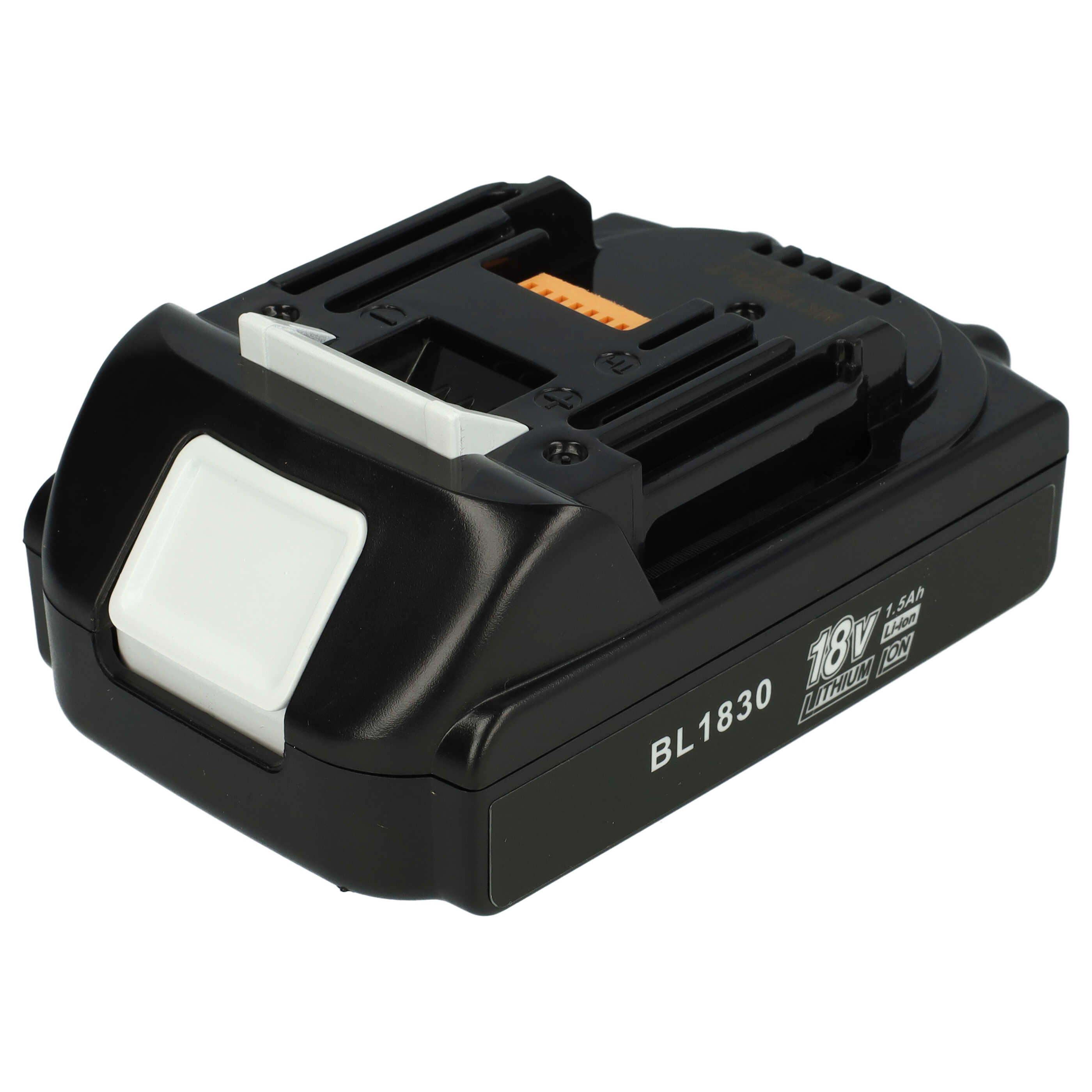 Schwarzer und grauer 18-V-Lithium-Ionen-Akku. Er hat einen weißen Knopf und eine schwarze Basis.