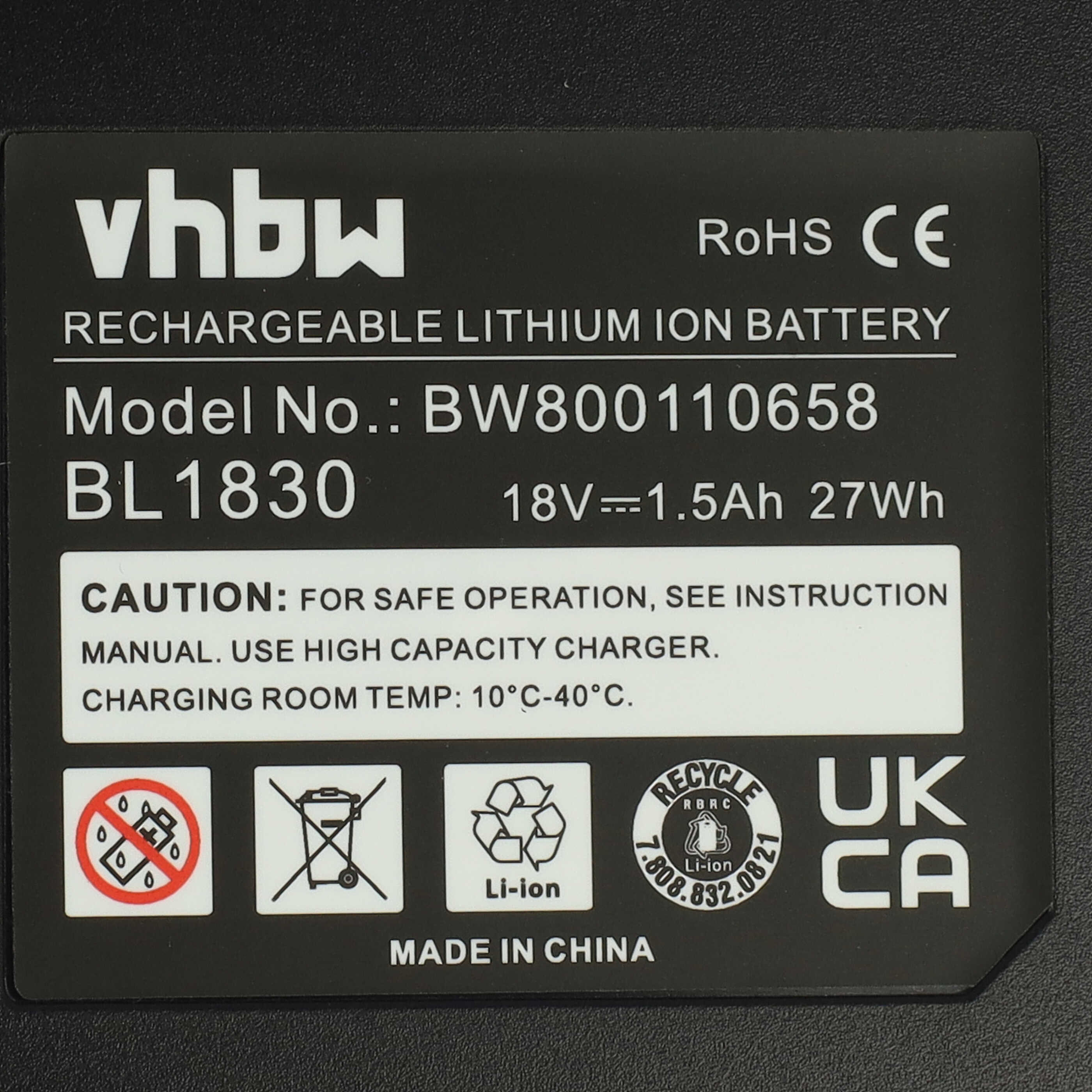Schwarz-weiß Batterieetikett mit Text und Symbolen.