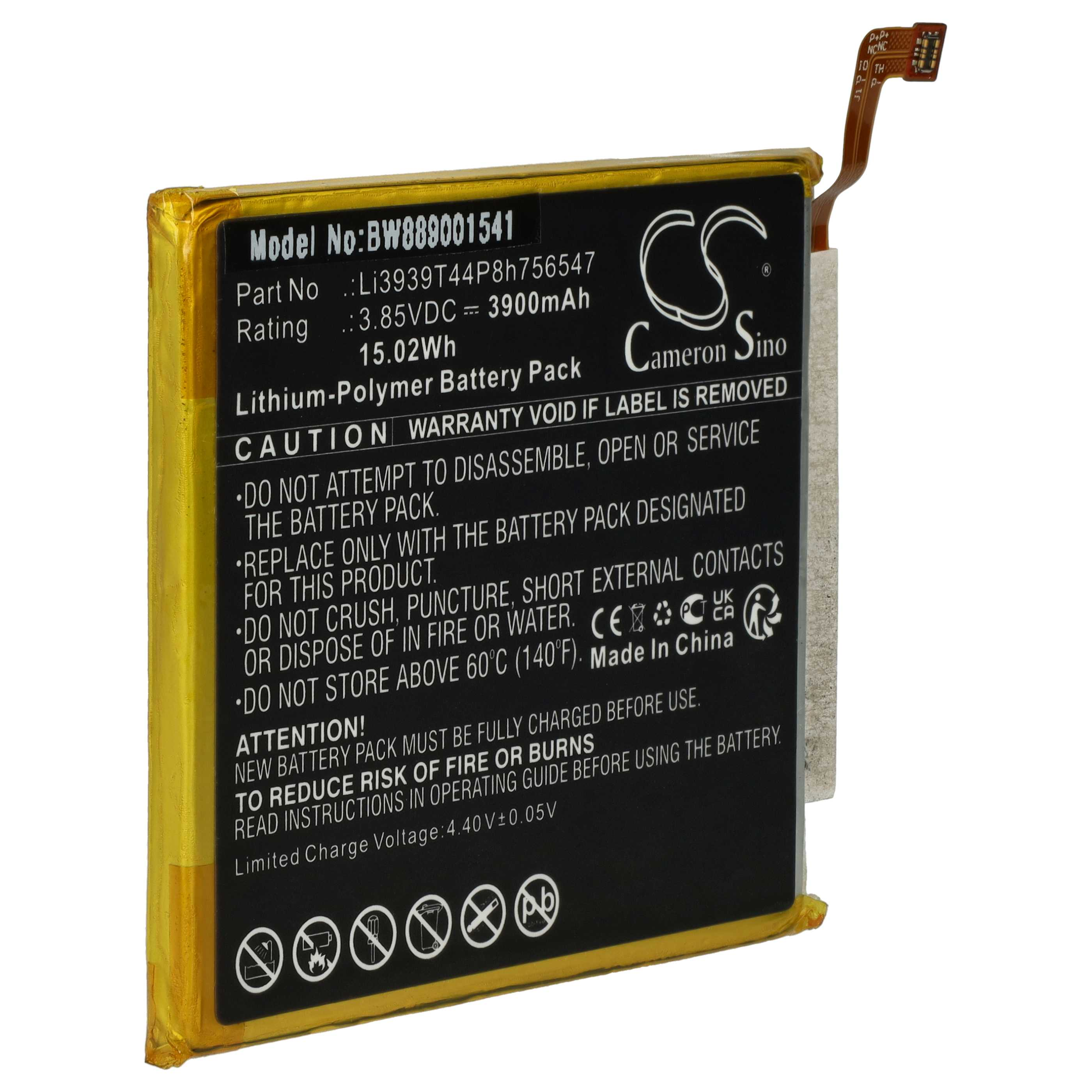 Batteriepack mit Etikett. Schwarzer Text auf schwarz-weißem Hintergrund. Vorsichts- und Warnhinweise.
