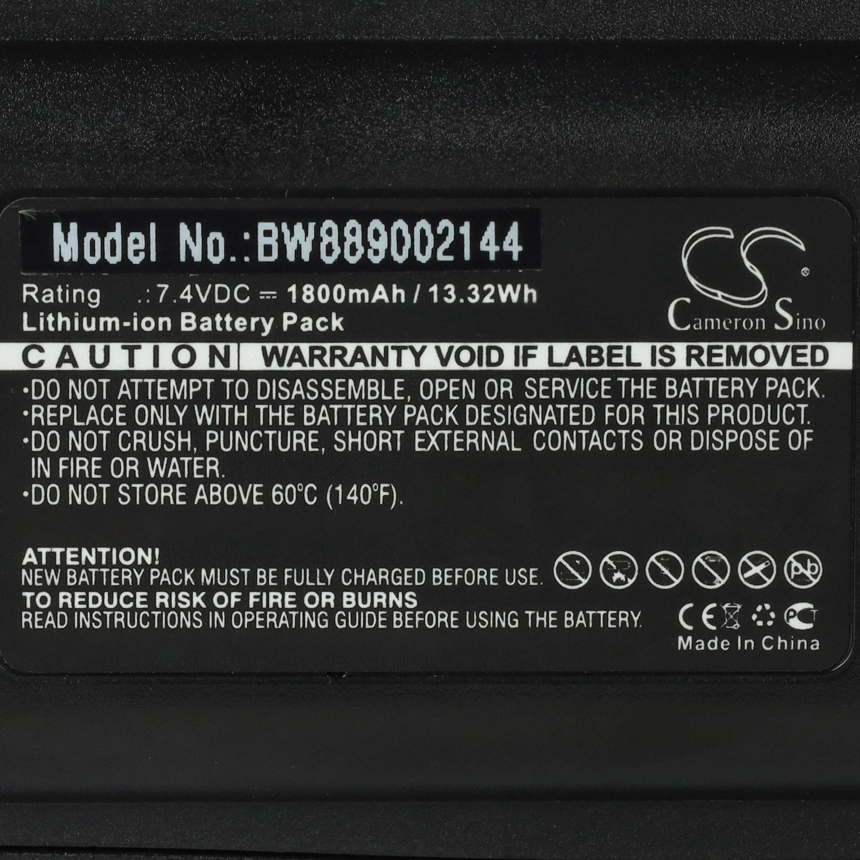 Schwarzes Batteriepack-Etikett mit Text. Enthält Modell, Nennleistung und Warnhinweise.