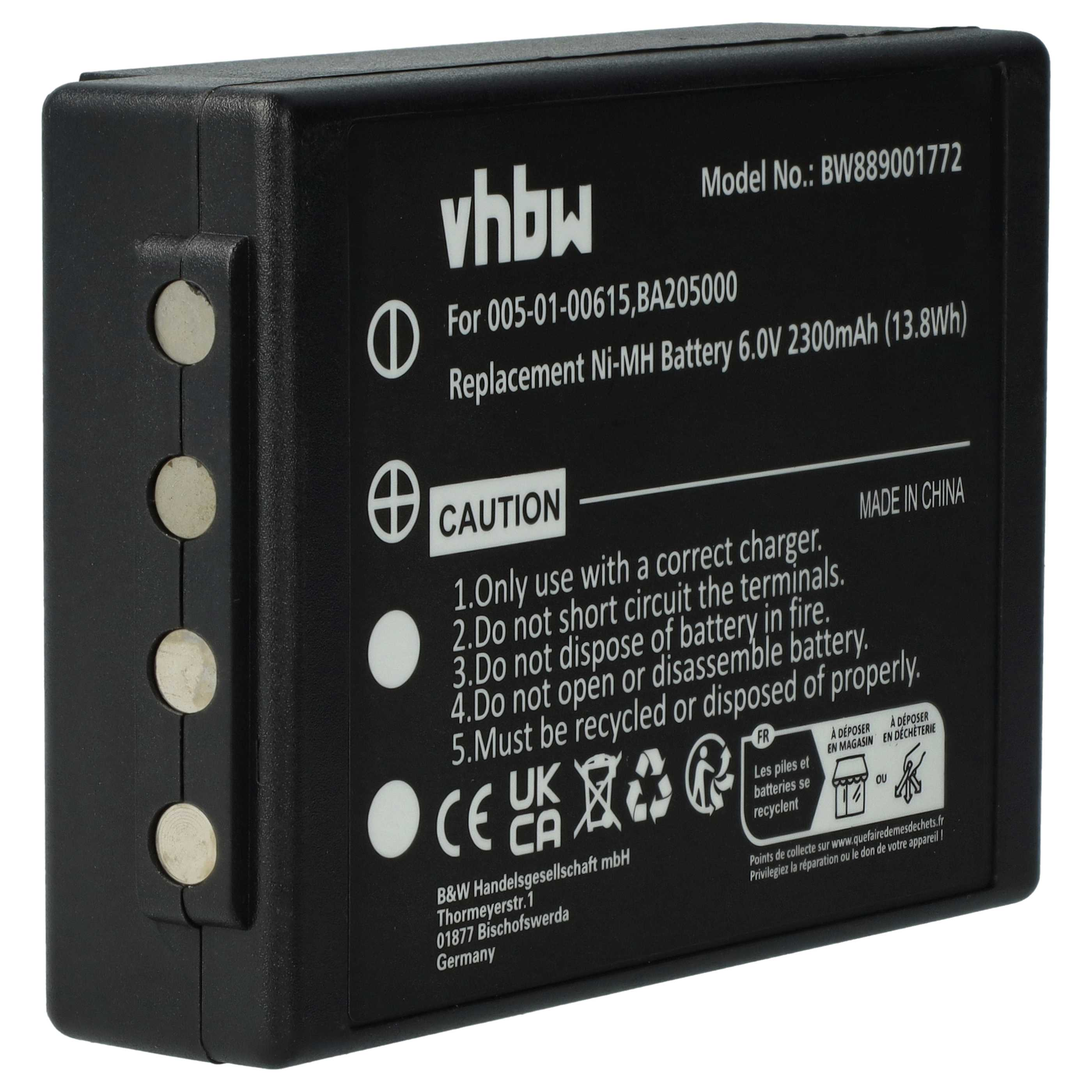Schwarze Batterie mit Etiketten, Text enthält 'VORSICHT' und andere Warnungen. Text sagt 'vhbw'.