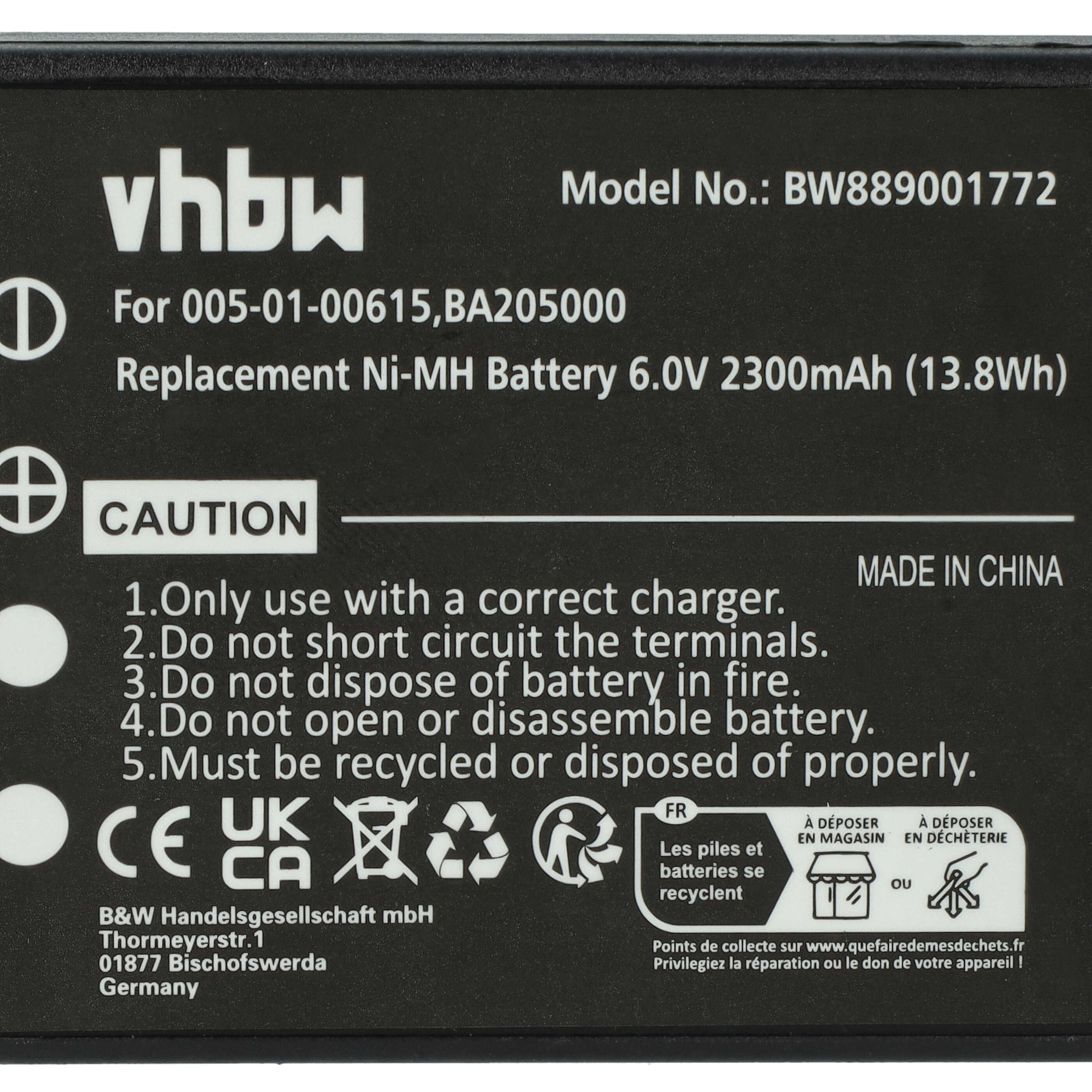 Etikett einer vhbw-Ersatzbatterie mit Text und Symbolen auf weißem Untergrund.