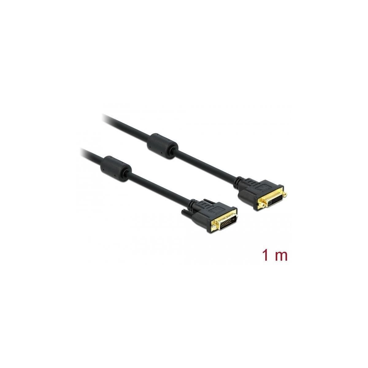 Un cavo DVI nero. C'è un'etichetta da 1 m sul lato destro dell'immagine, su uno sfondo bianco.