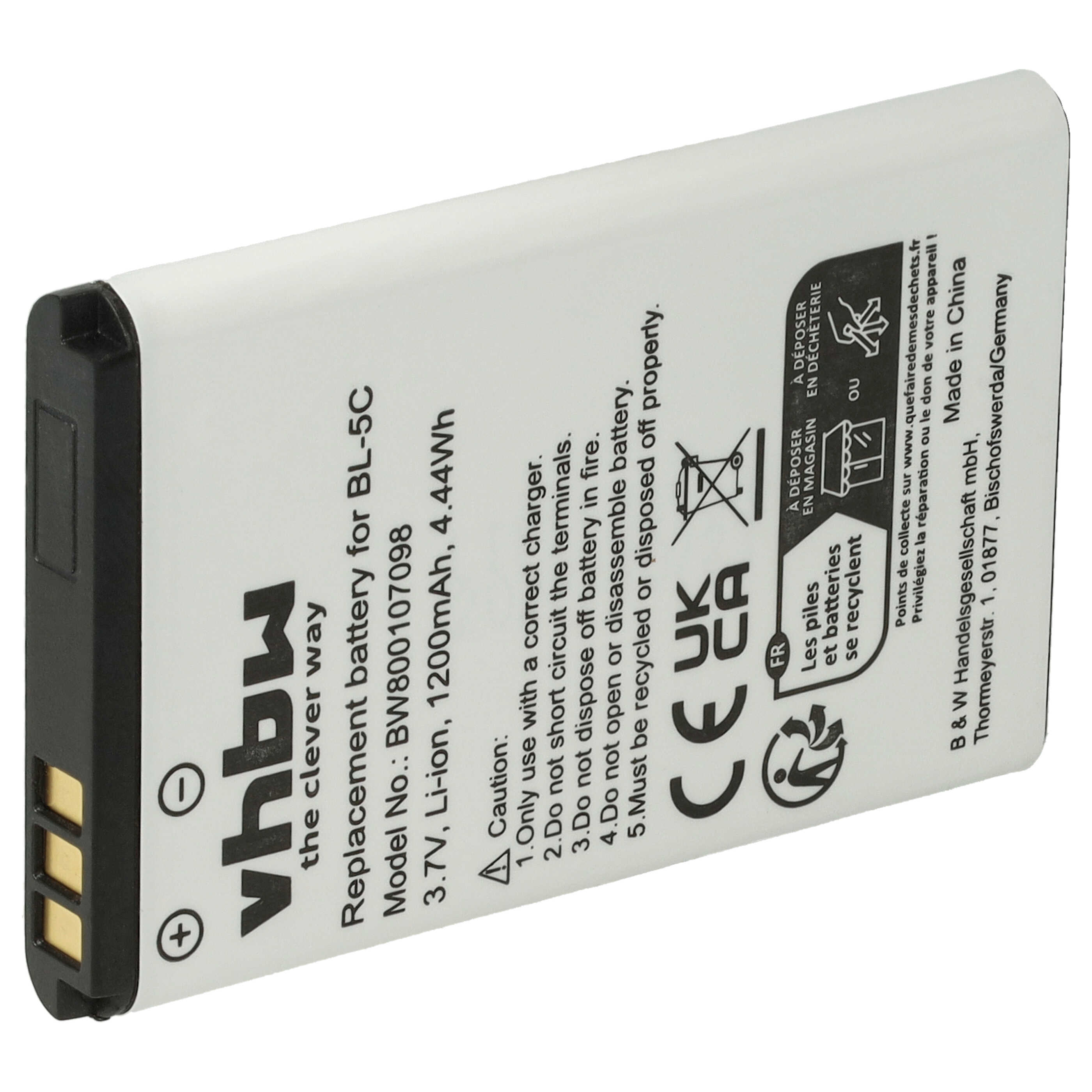Eine weiß-schwarze Batterie mit Text und Symbolen.