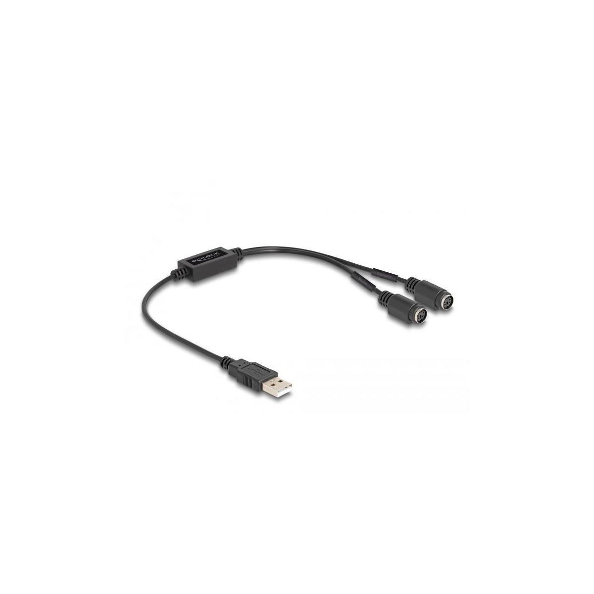 Un cavo USB a mini-DIN nero con due connettori.