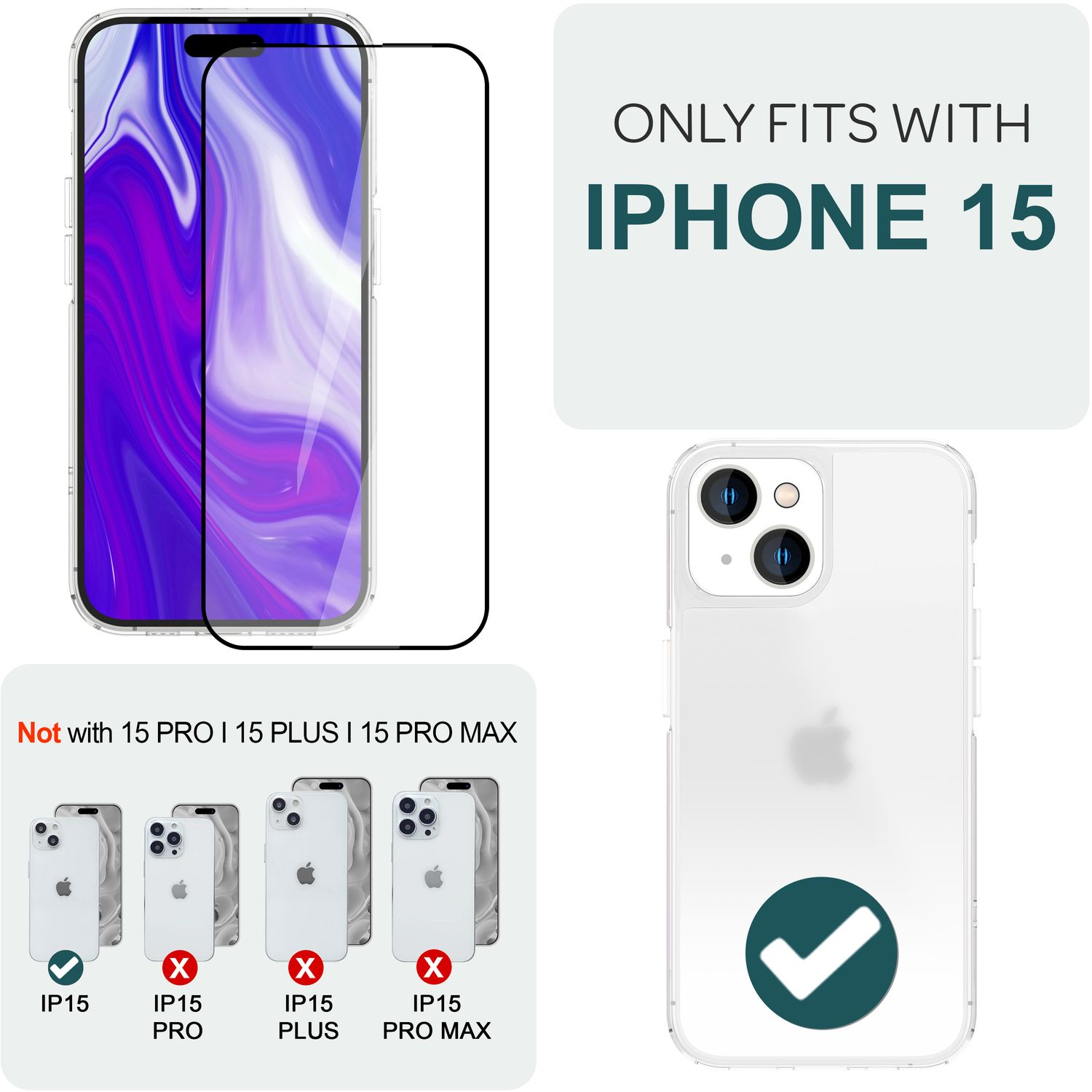 Eine iPhone 15 Displayschutzfolie und Handyhülle, mit Kompatibilitätsillustrationen.