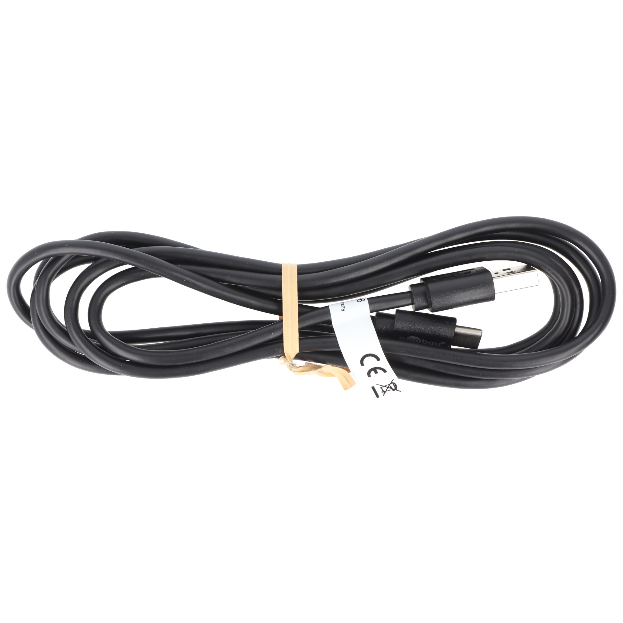 Schwarzes USB-Kabel mit USB-A- und USB-C-Anschlüssen, mit Gummiband gebunden.