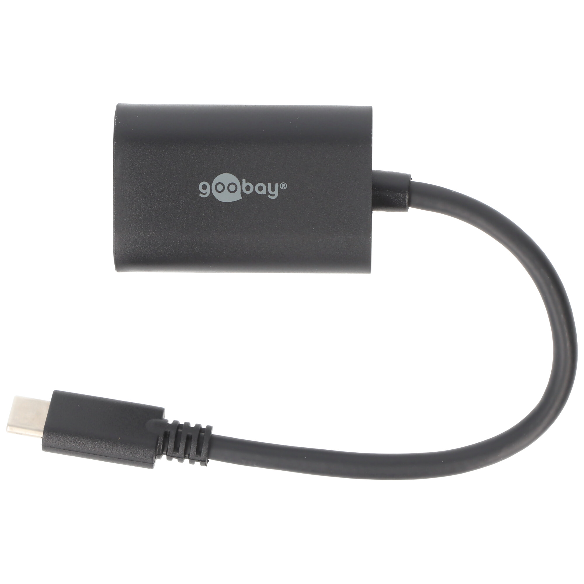 Ein schwarzer USB-C-zu-USB-Adapter mit schwarzem Kabel. Der Markenname "goobay" ist sichtbar.