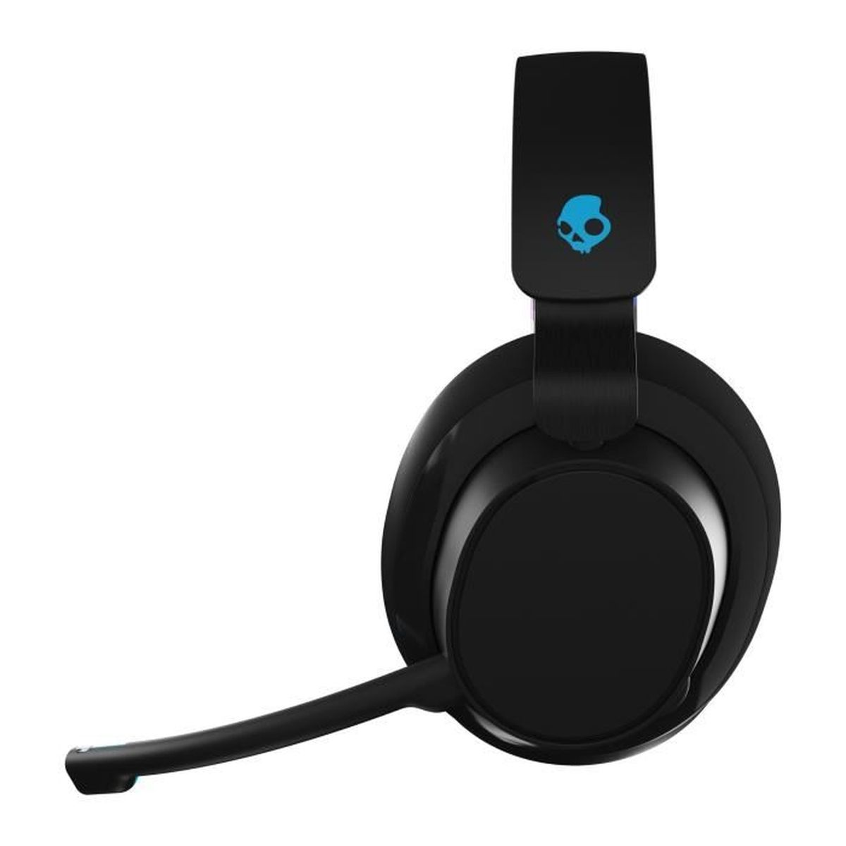 Schwarzes Skullcandy-Headset mit Mikrofon. Blaues Totenkopf-Logo auf dem Stirnband. Weißer Hintergrund.