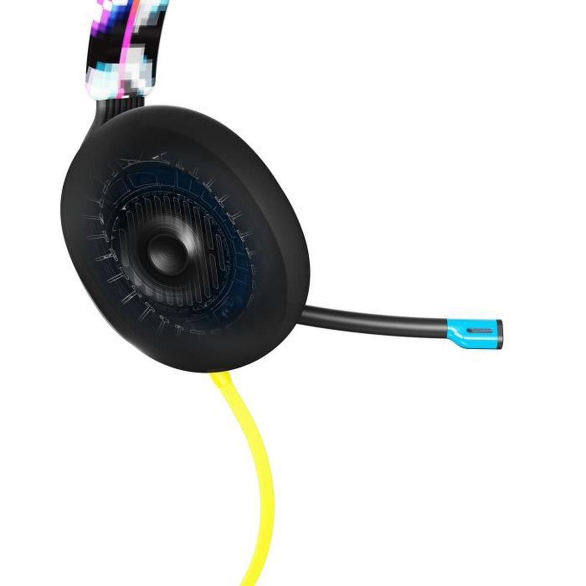 Kopfhörer mit schwarzer Ohrmuschel, Mikrofon und gelbem Kabel. Das Kopfband hat ein Muster.