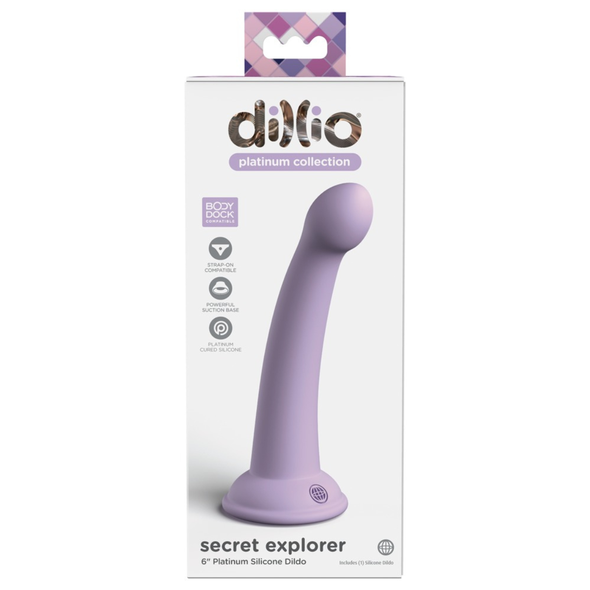 Ein lila Dildo in einer Schachtel mit Produktinformationen und Symbolen auf der Vorderseite.
