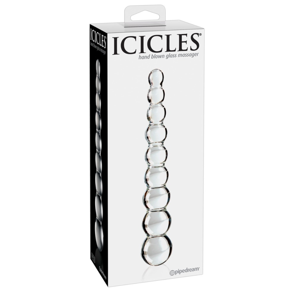 Weiße Schachtel mit einem Glasmassagegerät, beschriftet mit 'ICICLES handgeblasenes Glasmassagegerät'.