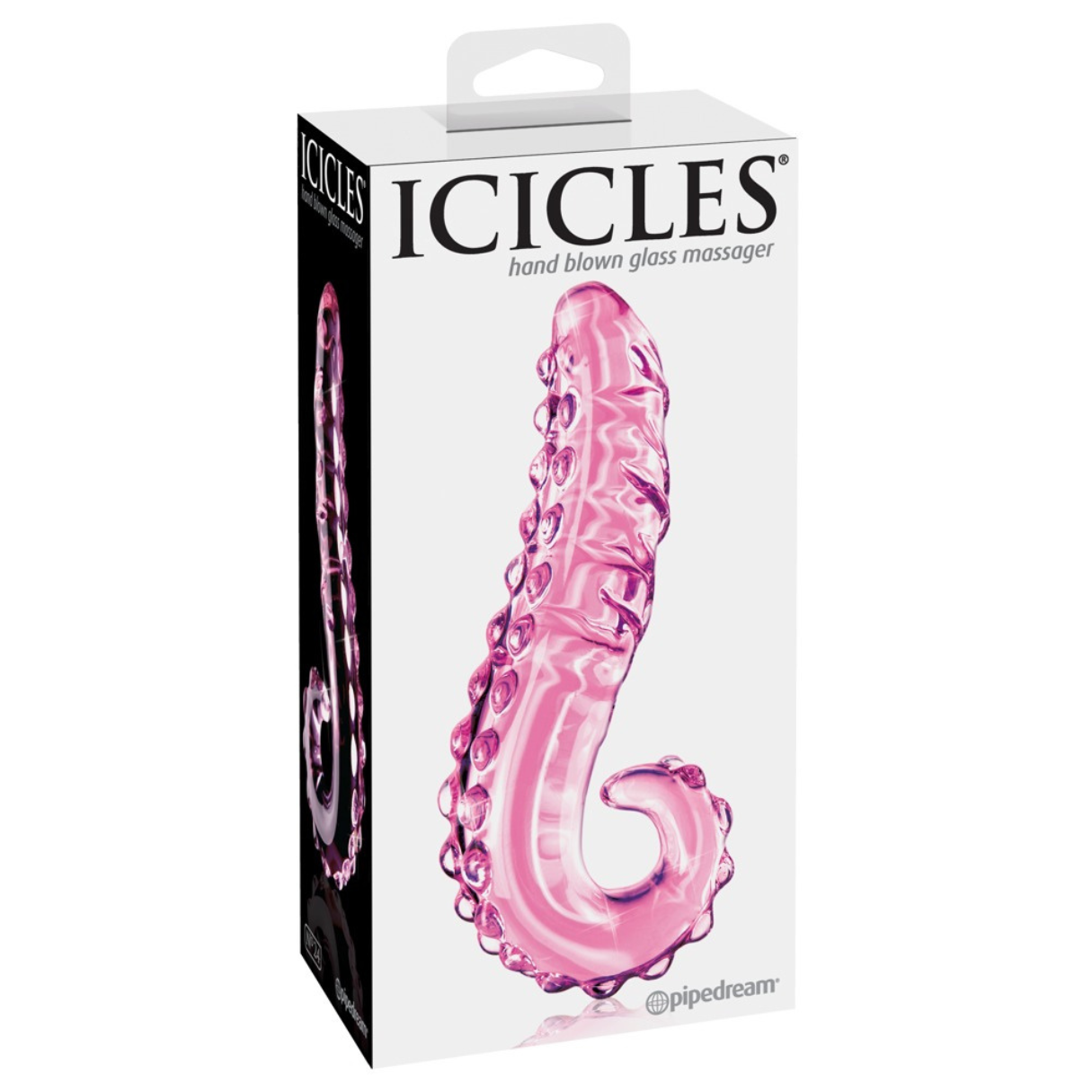 Eine Box mit einem rosa Glas-Sexspielzeug, beschriftet mit 'ICICLES' und 'handgeblasener Glas-Massagegerät'.