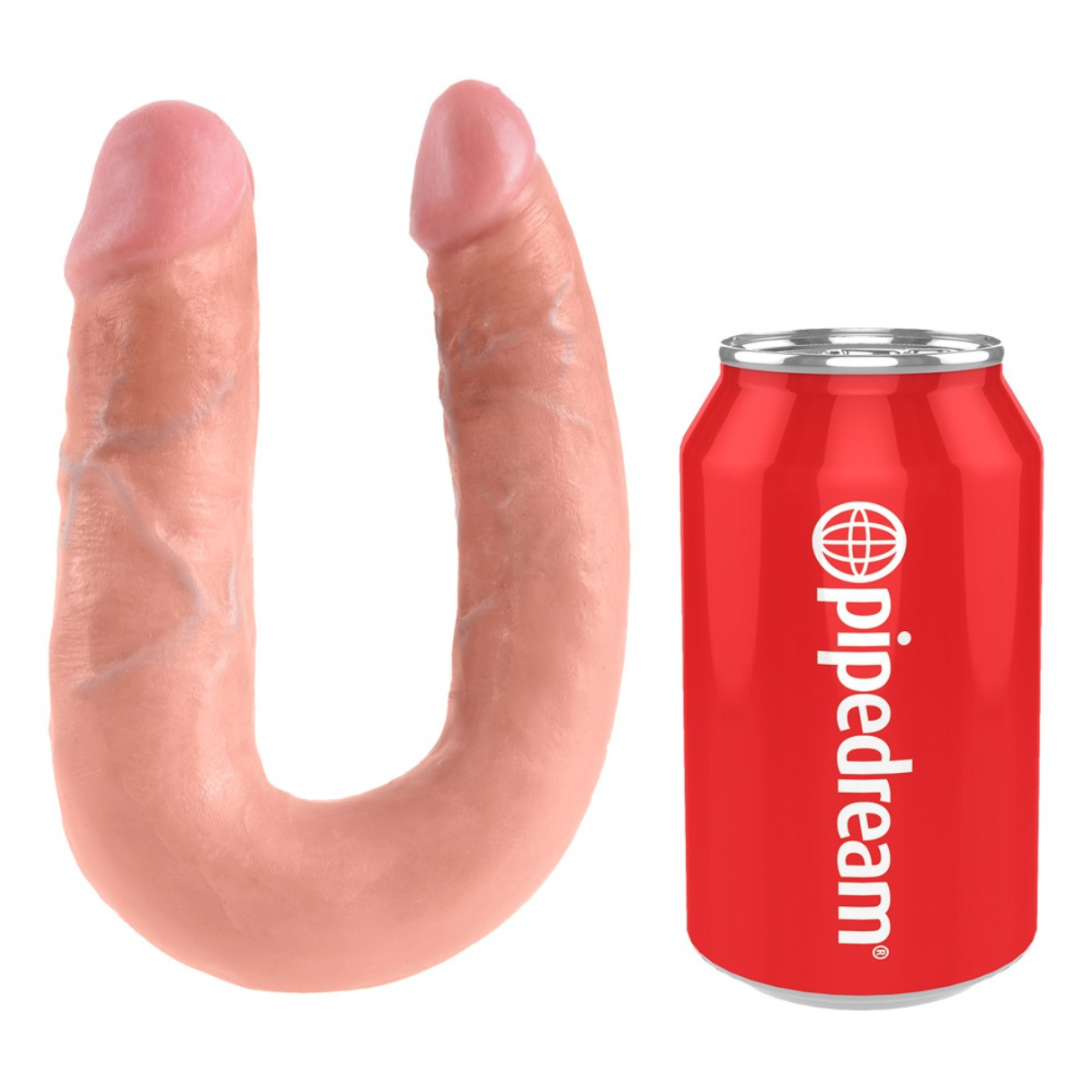 Das Bild zeigt einen fleischfarbenen Dildo neben einer roten Dose mit dem Logo 'pipedream'.