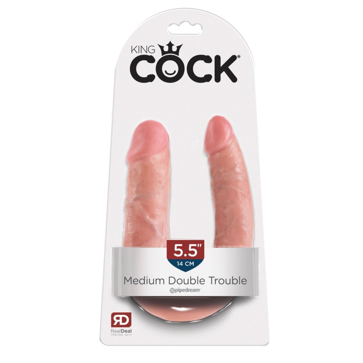 Eine Packung mit zwei rosa Dildos, mit der Aufschrift 'Medium Double Trouble' von Pipedream. Der Markenname 'King Cock' ist sichtbar.