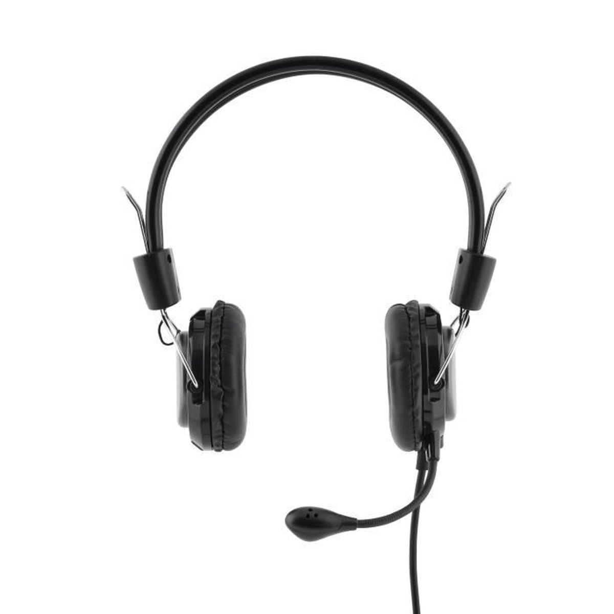 Auriculares negros con un micrófono conectado a un auricular sobre un fondo blanco.