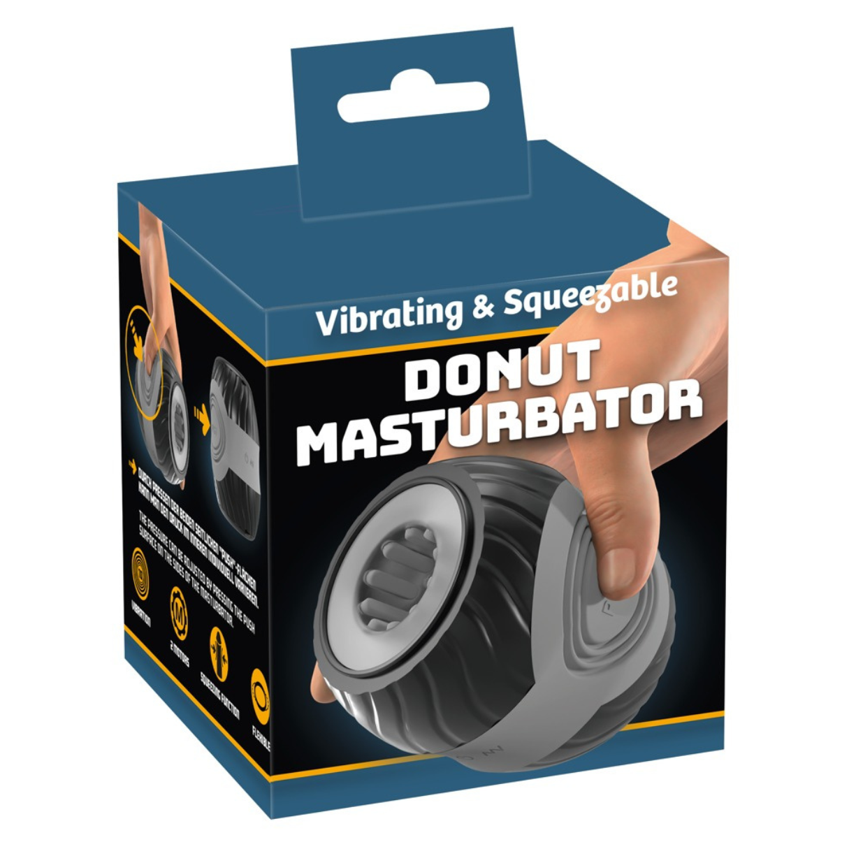 Verpackung eines schwarz-grauen Donut-Masturbators. Text: Vibrating & Squeezable DONUT MASTURBATOR.