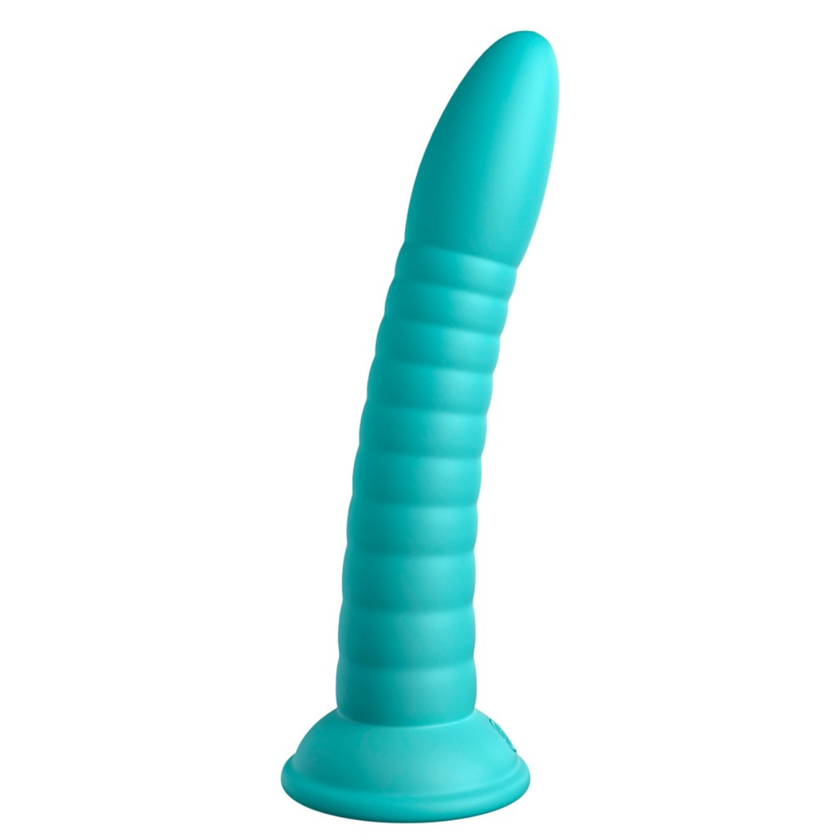 Ein türkisfarbener Dildo mit Ringen am Schaft und breiter Basis.