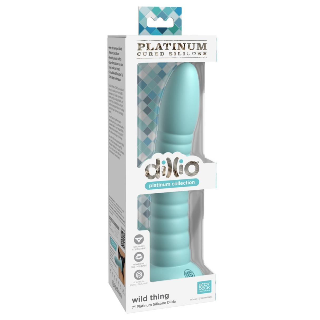 Ein blauer Dildo in einer Box mit Produktinformationen und einem Bild des Produkts.