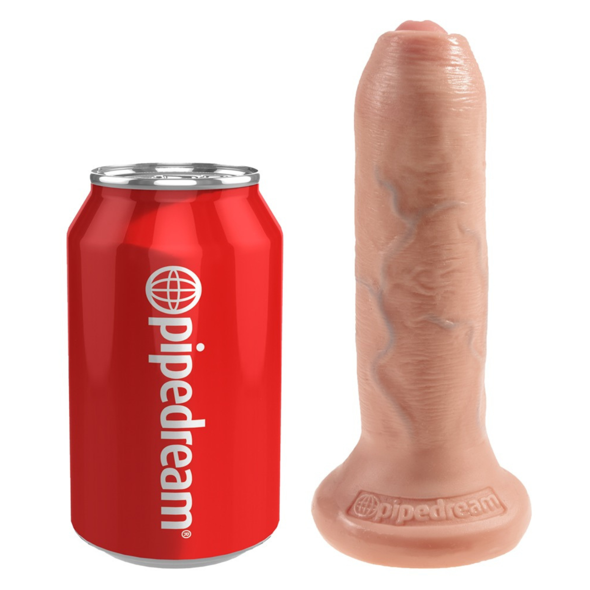 Eine rote Dose 'pipedream' neben einem fleischfarbenen Dildo. Der Dildo hat eine strukturierte Oberfläche.