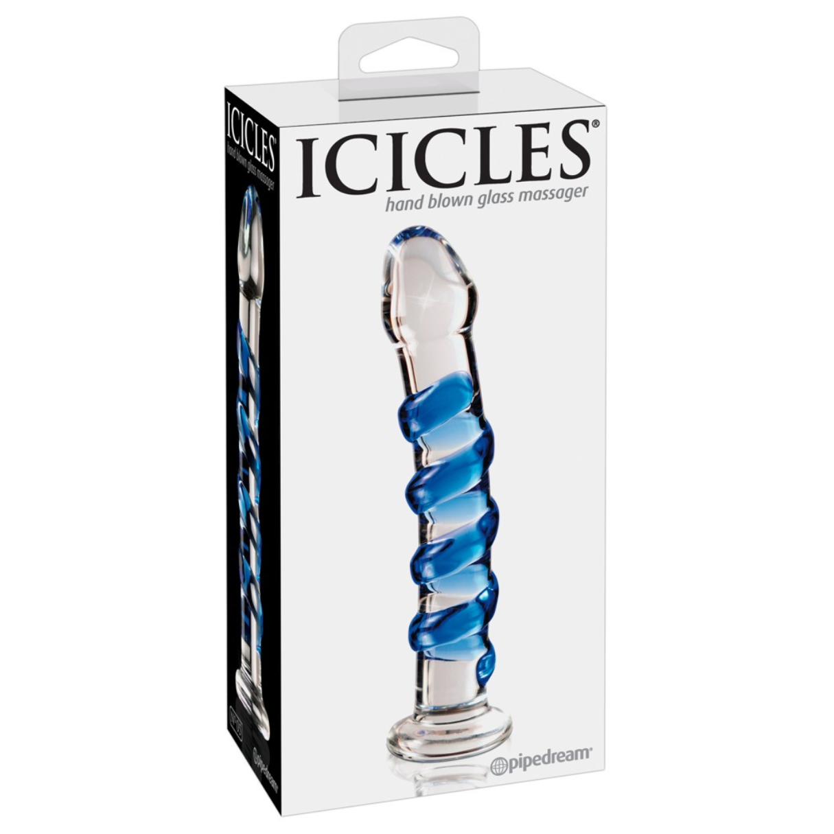 Box mit Glasmassagegerät, klar mit blauer Spirale, auf weißem Hintergrund.