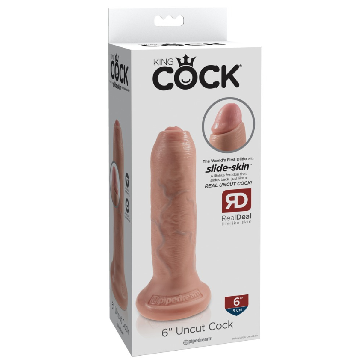 Eine Schachtel für einen Dildo, die das Produkt und Details zum Produkt zeigt.