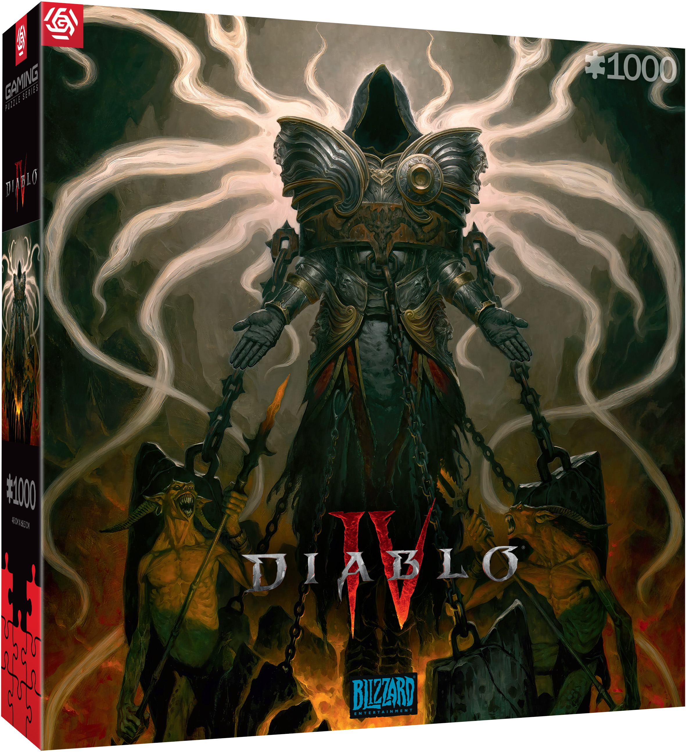 Pudełko z puzzlami z obrazem Diablo IV. Grafika przedstawia postać w kapturze z łańcuchami i demonami.