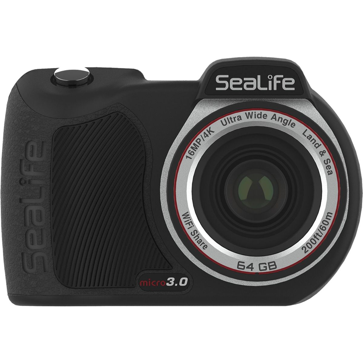 Eine schwarze Sealife-Kamera. Sie hat ein Weitwinkelobjektiv und einen Bildschirm mit Informationen.