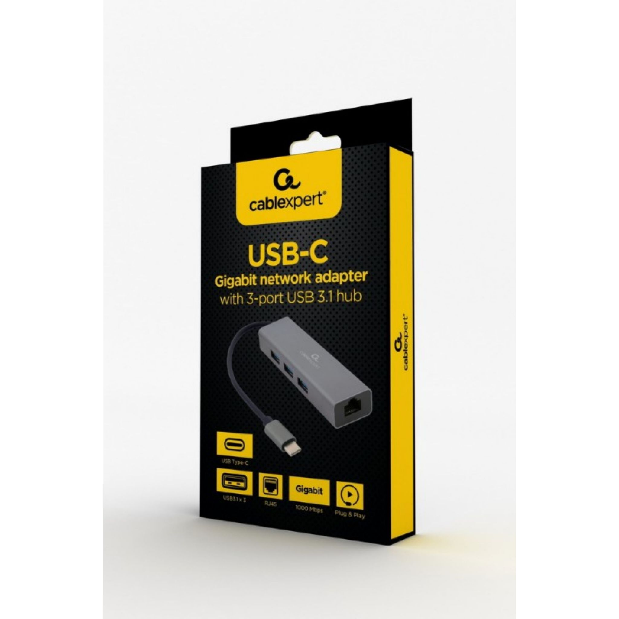 Adattatore di rete Gigabit USB-C. Scatola con adattatore e cavo USB-C. Sfondo bianco.