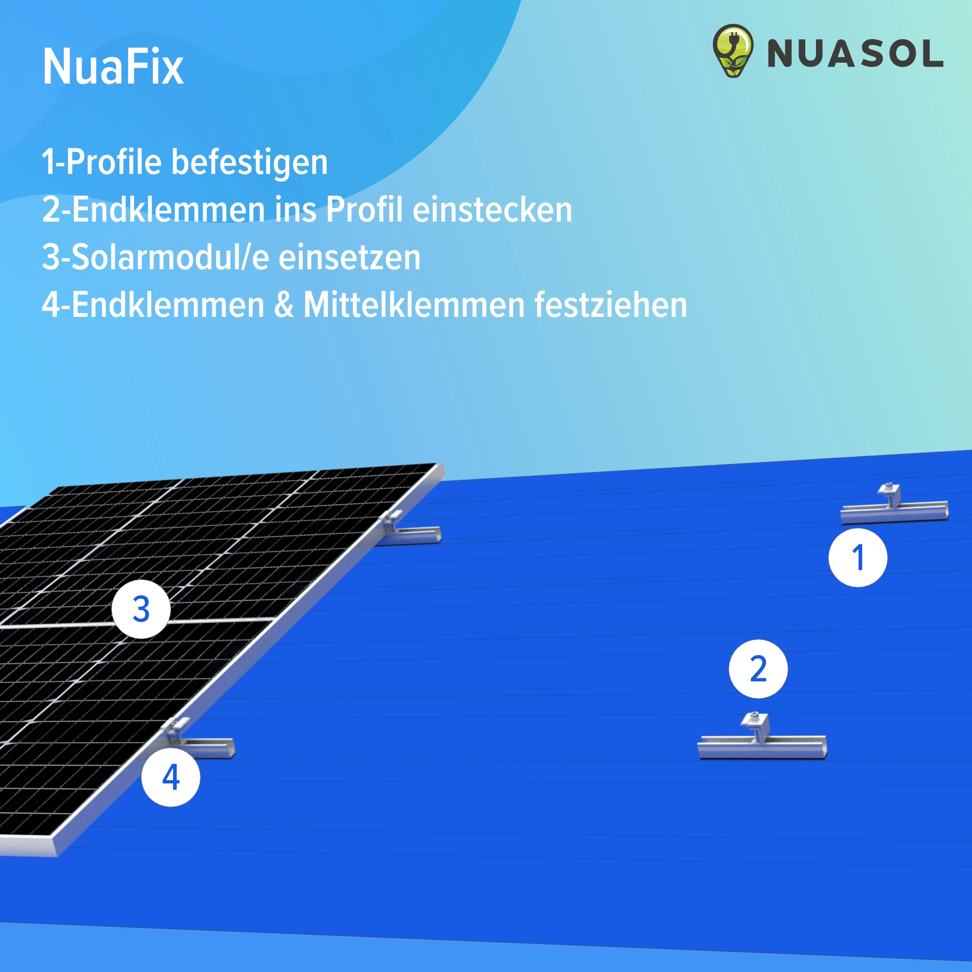 Diagramm der Installationsschritte für Solarmodule. Enthält ein Solarmodul, Montagehalterungen und Anweisungen.