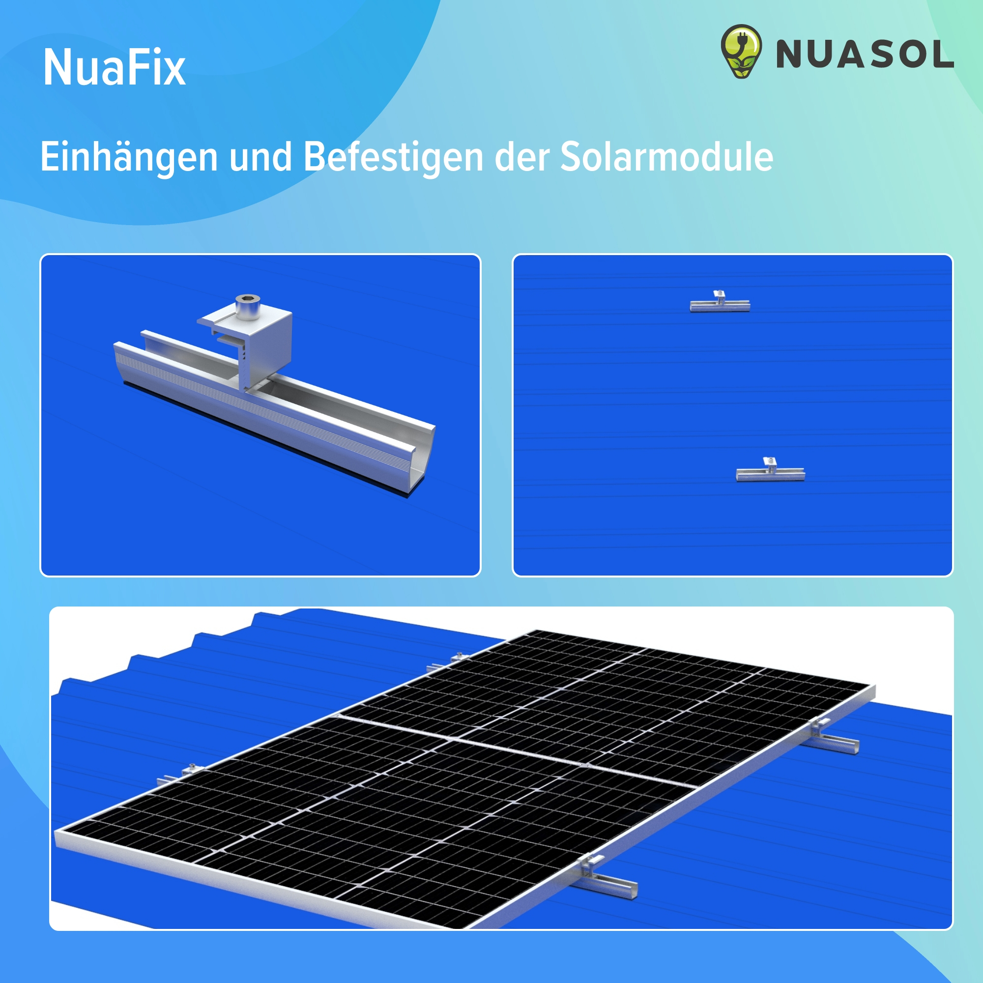 Diagramm zur Solarmontage auf einem blauen Dach mit Text zum Verfahren.