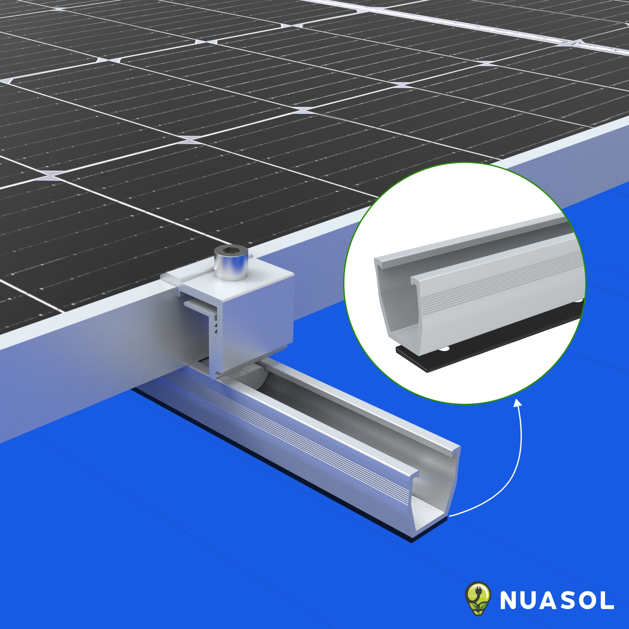 Solarpanel-Installation mit Metallschienen und Detailaufnahme. Ein Kreisdiagramm hebt einen Schienenabschnitt hervor.