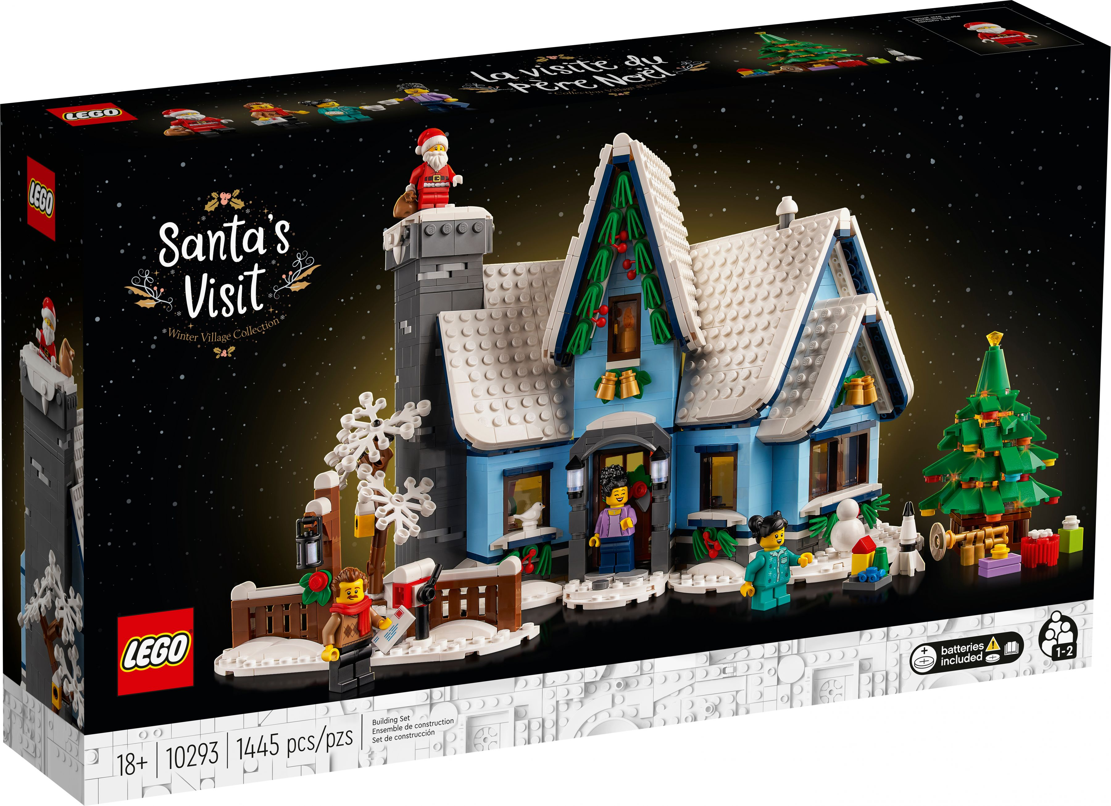 Pudełko zestawu LEGO Santa's Visit z ośnieżonym domem i figurkami.
