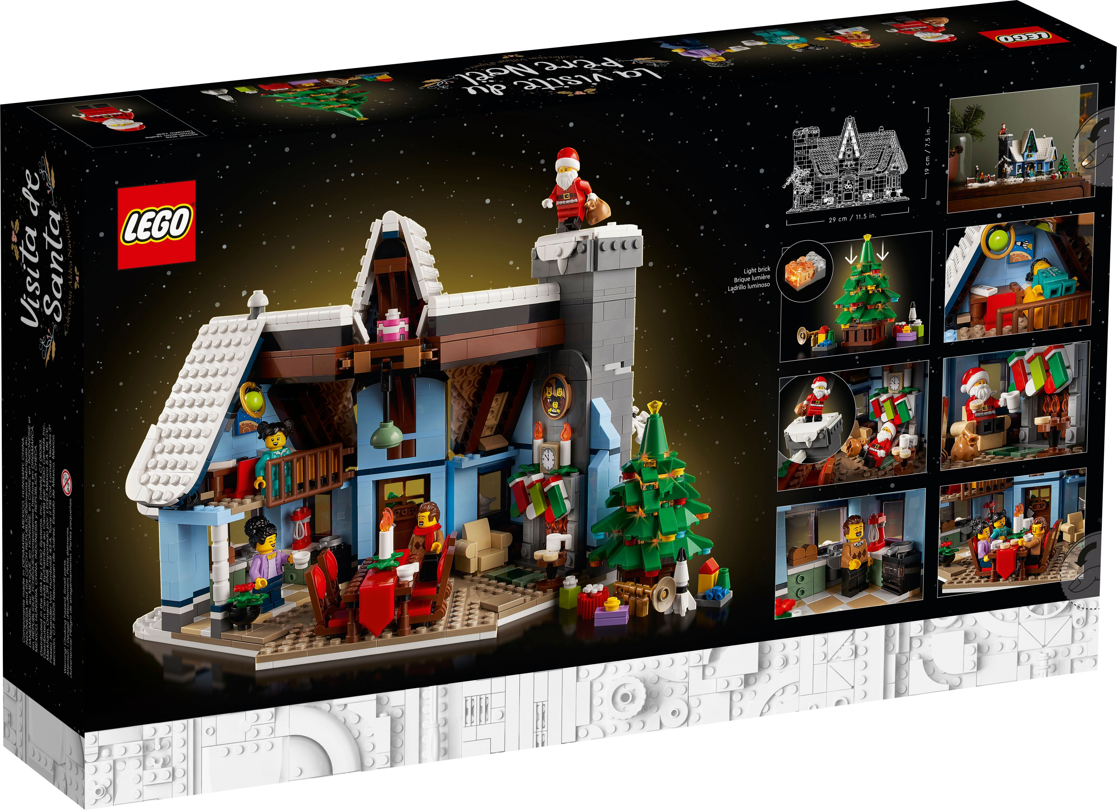 Rückseite einer Lego-Box mit einer Weihnachtsszene, mit dem Gebäude und den Figuren.