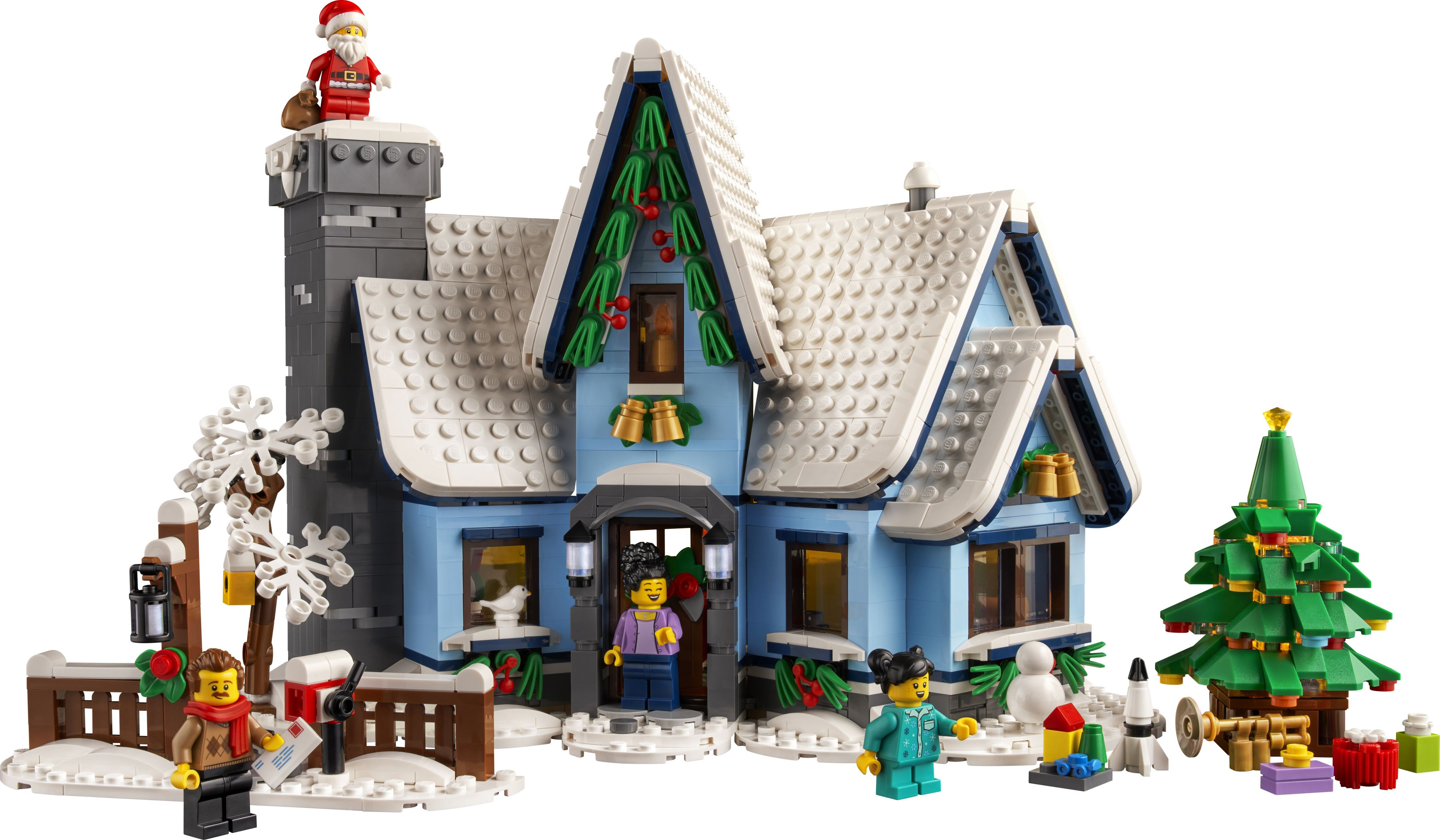 Lego-Weihnachtsset mit blauem Haus, Figuren, Schneemann, Baum und Weihnachtsmann auf dem Dach.