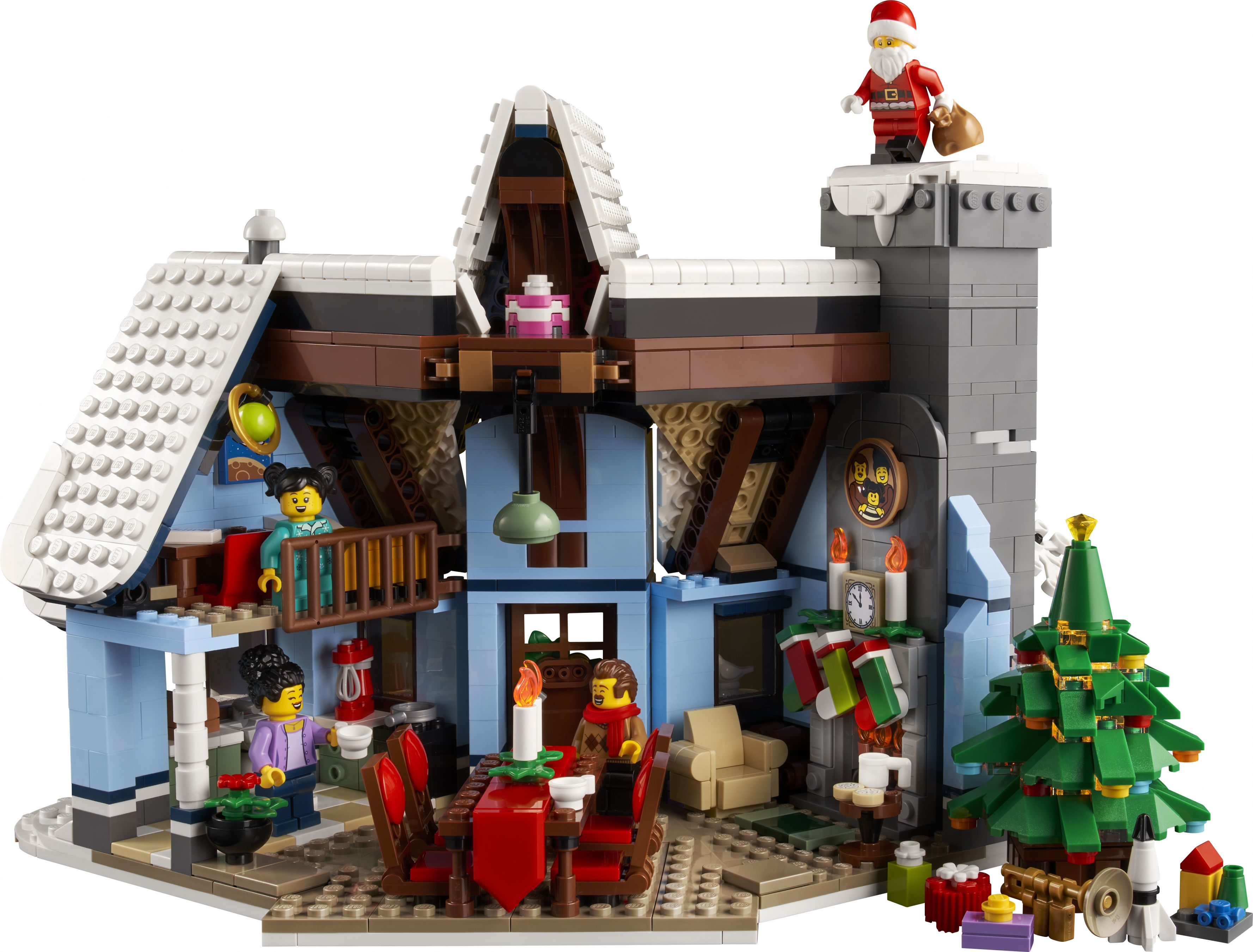 Lego-Set Weihnachtsszene. Blaues und weißes Haus mit Menschen, Weihnachtsbaum und Weihnachtsmann.