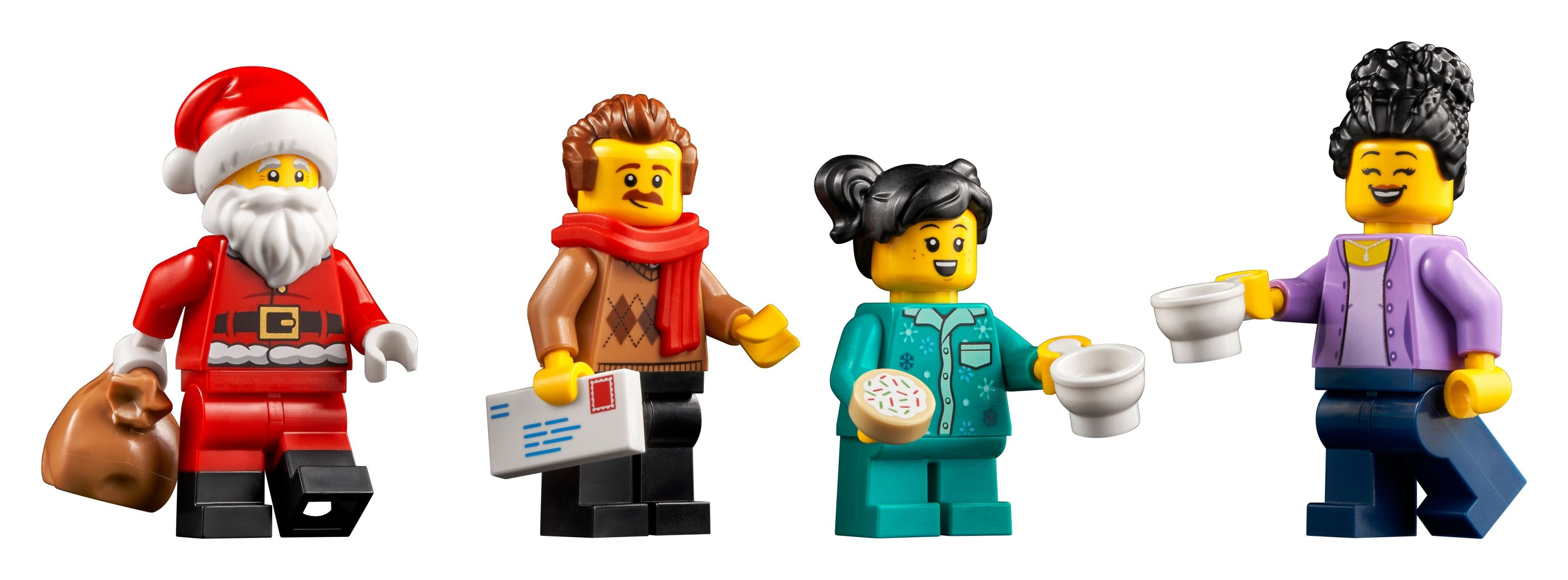 Lego-Figuren: Weihnachtsmann, Briefträger, Frau im Pyjama und Frau mit Kaffeetassen. Sie lächeln.