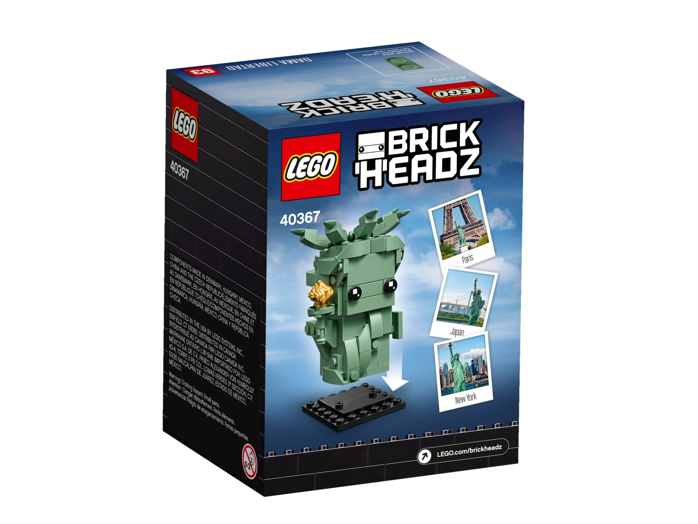 Scatola LEGO BrickHeadz. Mostra una statua LEGO verde, la Statua della Libertà. Immagini di Parigi, Giappone e New York.